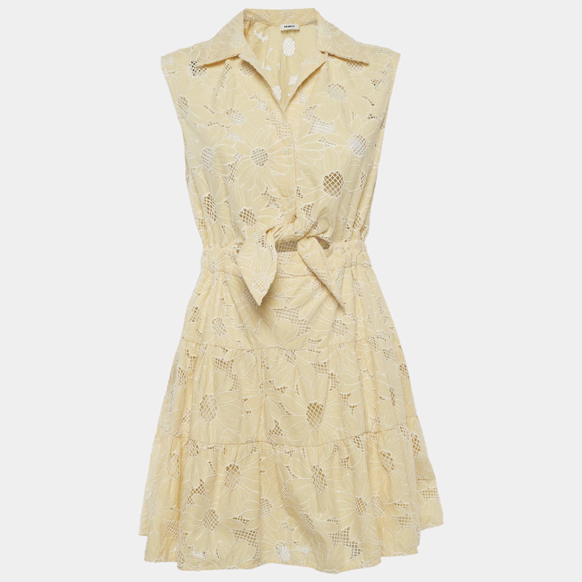 Pre Owned Sandro Cream Cotton Broderie Anglaise Tiered Mini Dress M