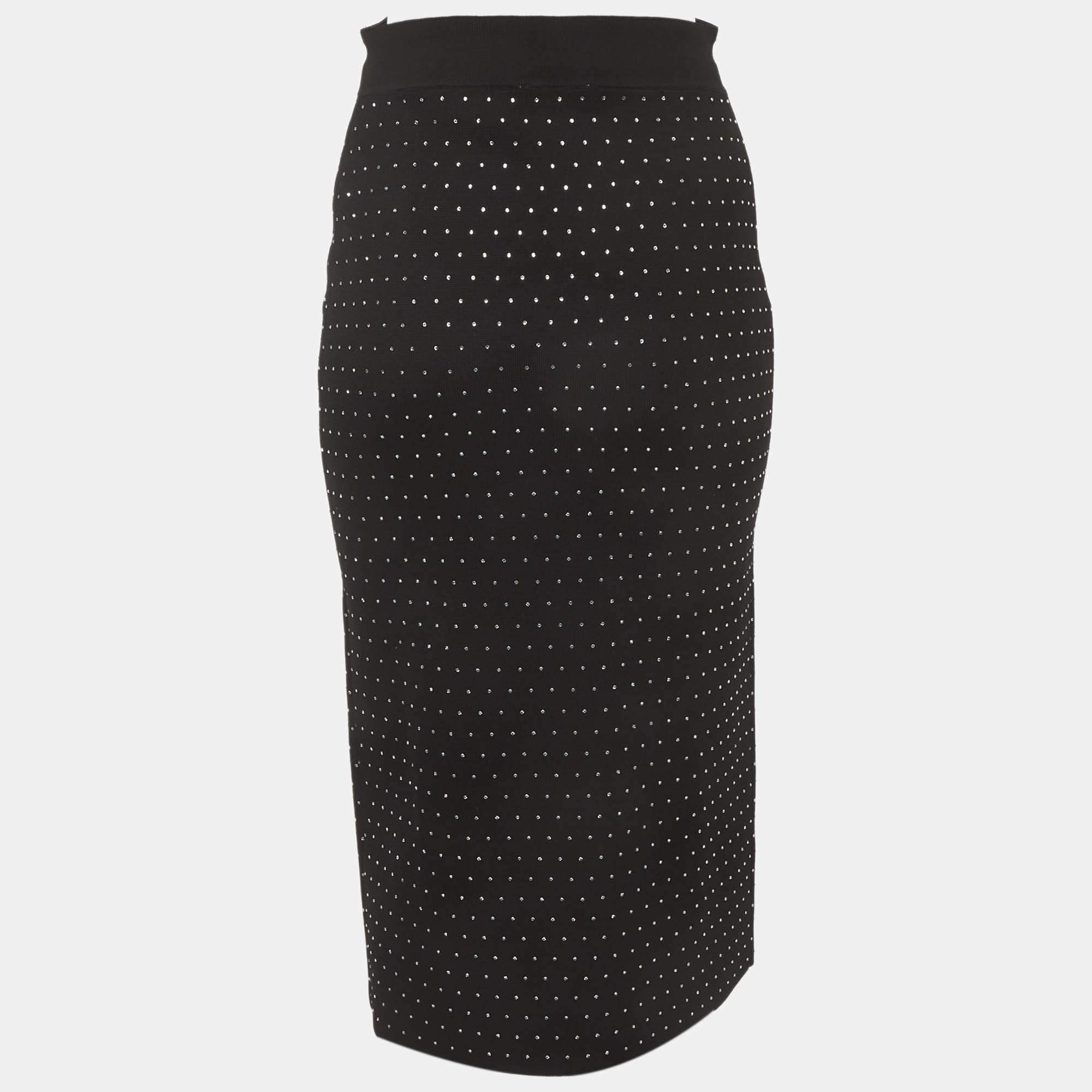 Pre Owned Sandro Black Rhinestone Embellished Synthetic Knit Pencil Skirt S