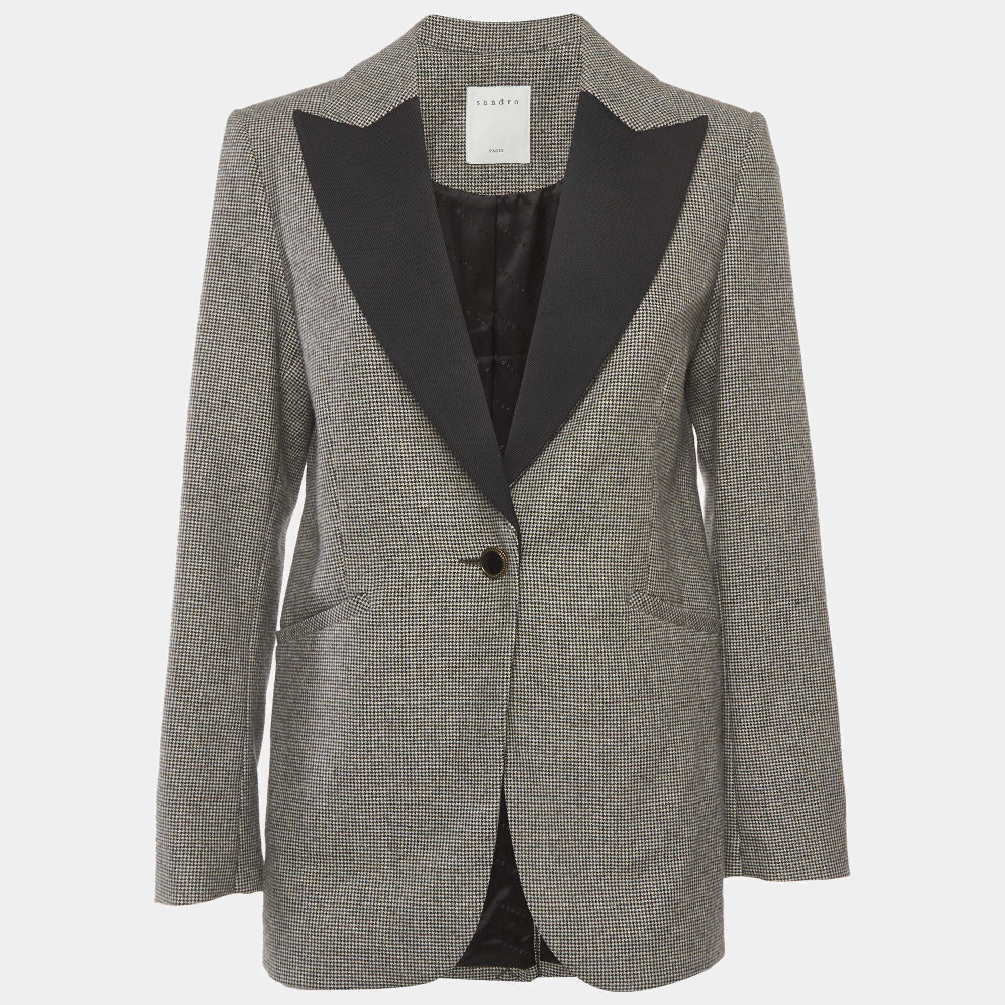 Pre Owned Sandro Monochrome Houndstooth Wool Blend Blazer S