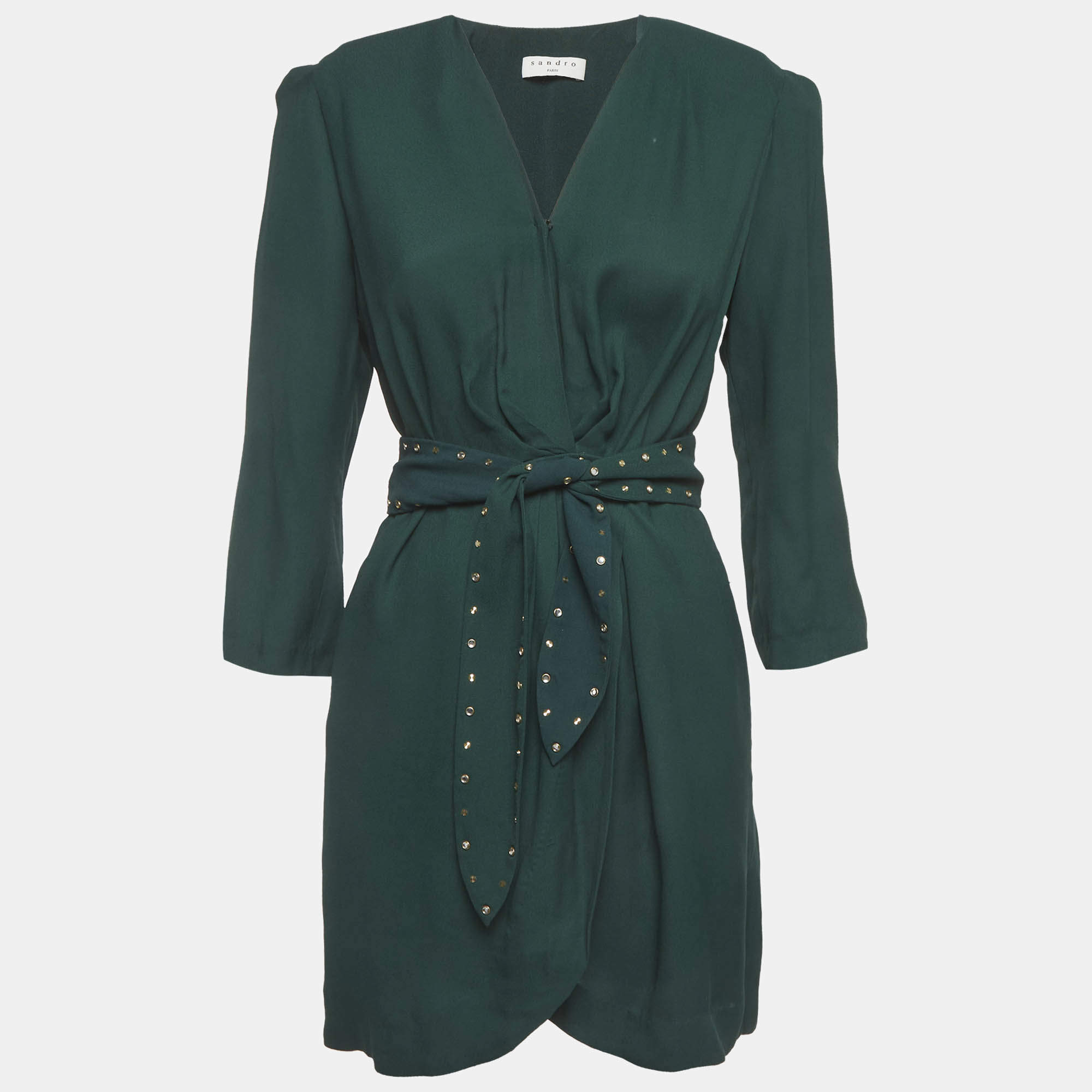 Pre Owned Sandro Green Crepe Belted Mini Wrap Dress S