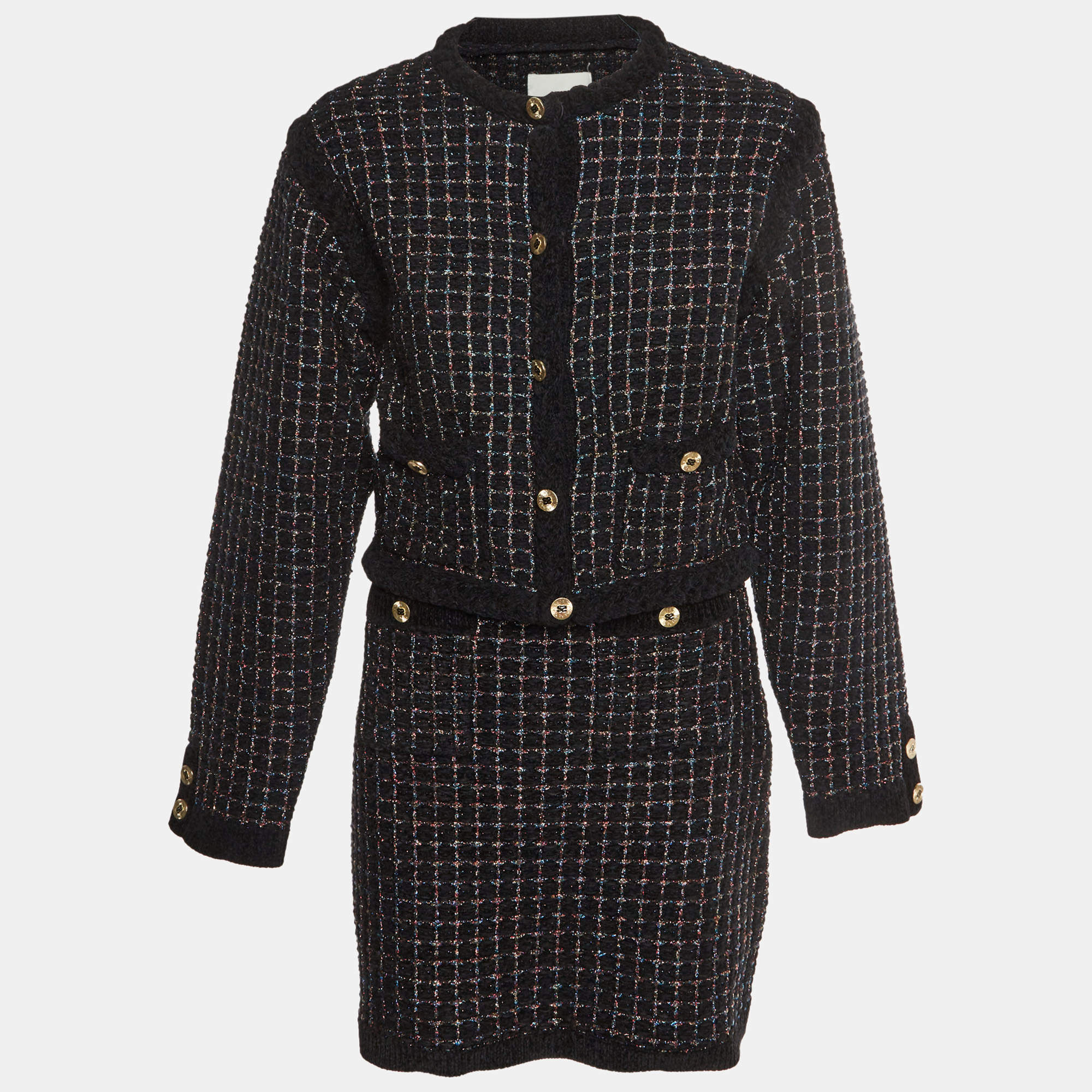 مملوكة مسبقًا Sandro Black Metallic Checked Knit Mini Skirt and Jacket Set M