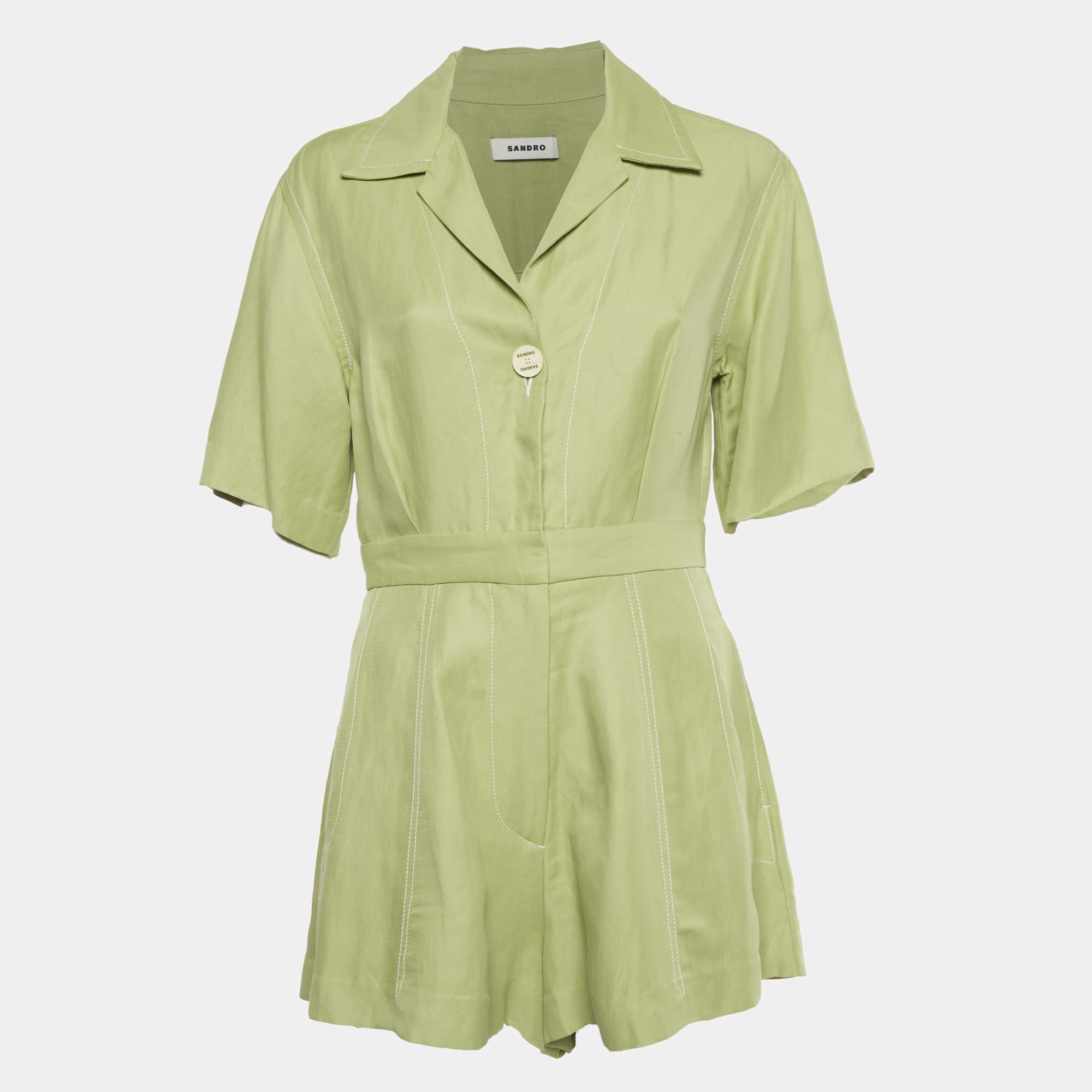 Pre Owned Sandro Green Linen Blend Short Sleeves Playsuit M