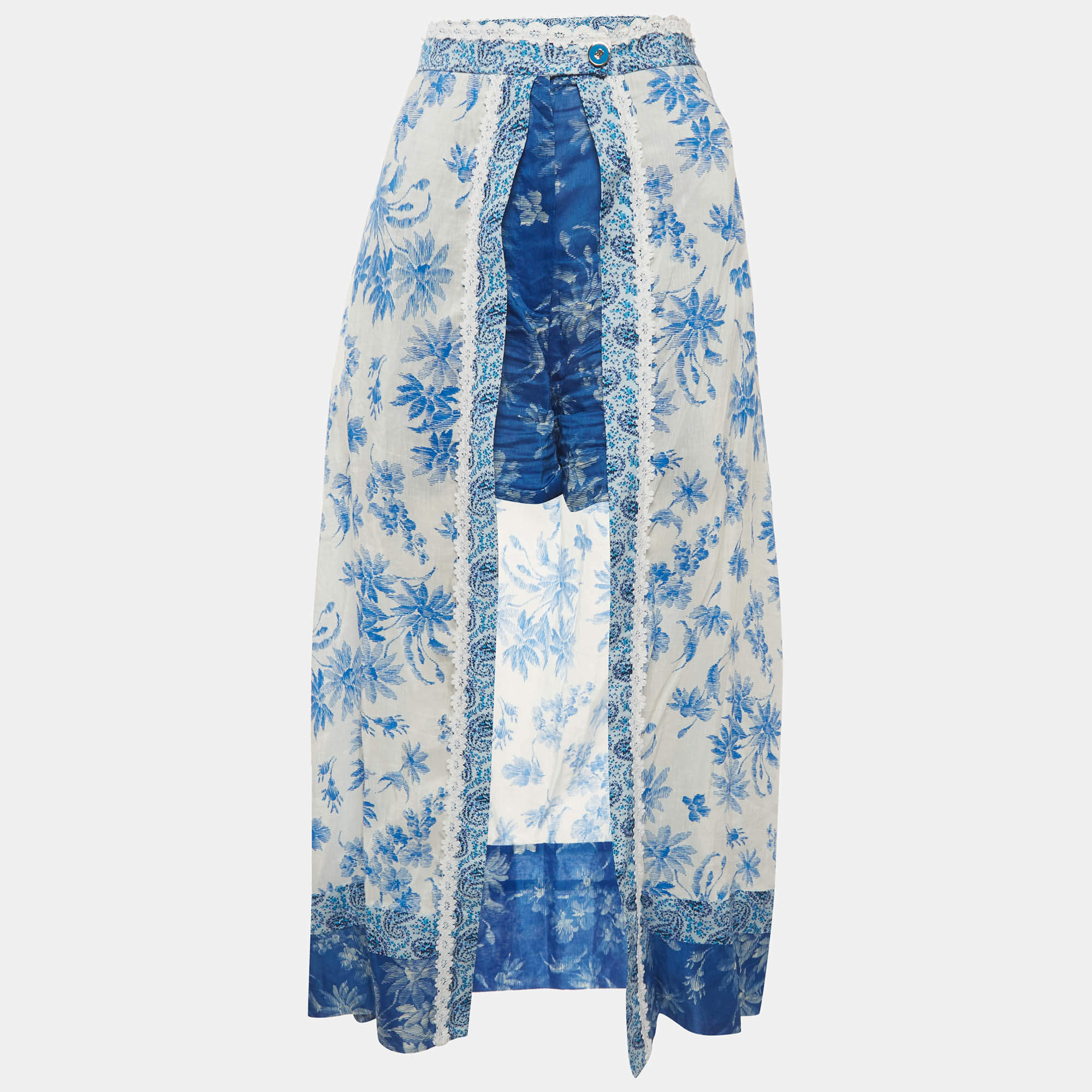 Pre Owned Sandro White/Blue Floral Print Linen Blend Shorts Overlay Skirt XL