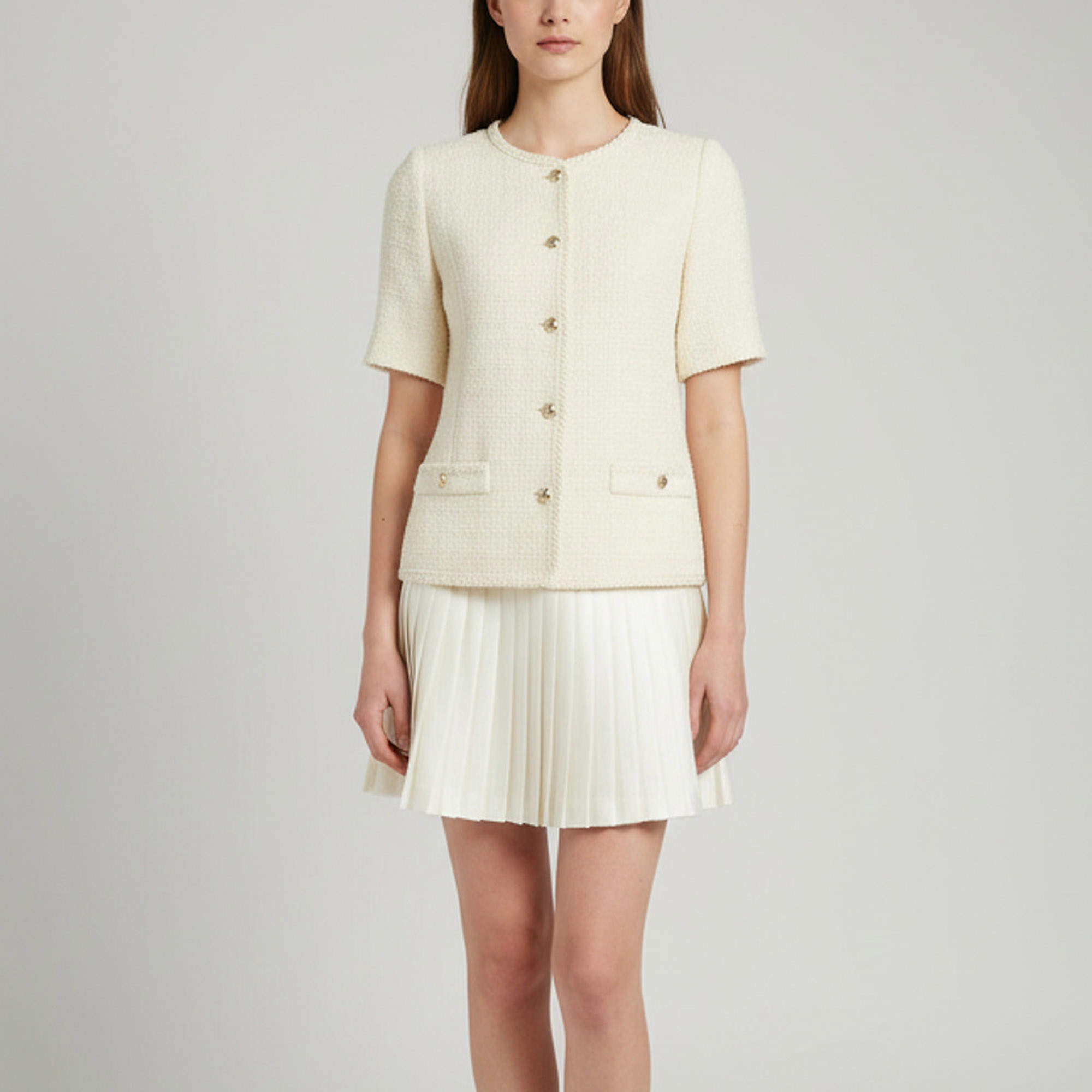 Pre Owned Sandro Off White Tweed Pleated Skirt Isabel Mini Dress S