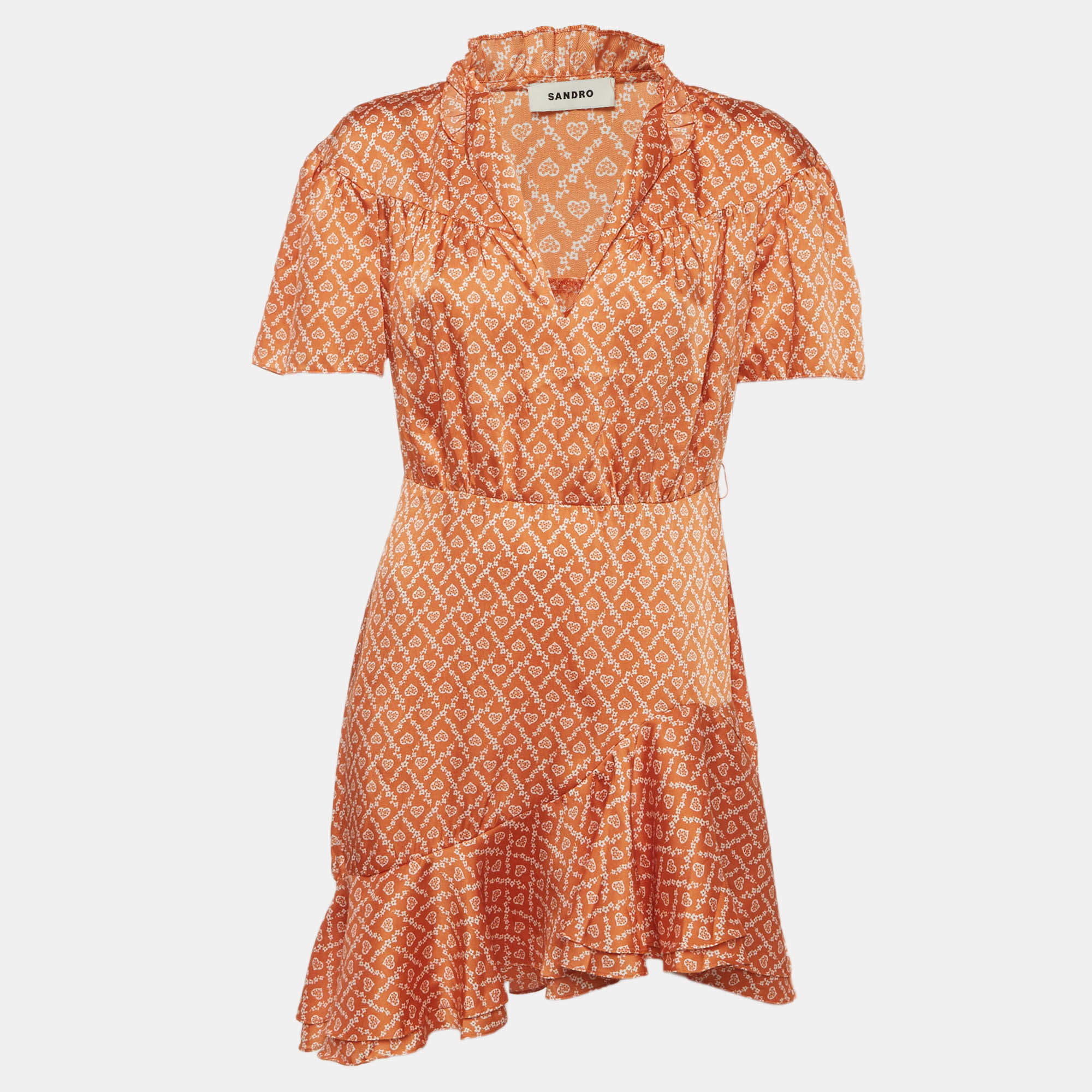 Pre Owned Sandro Orange Heart Print Satin Ruffled Suzen Mini Dress M