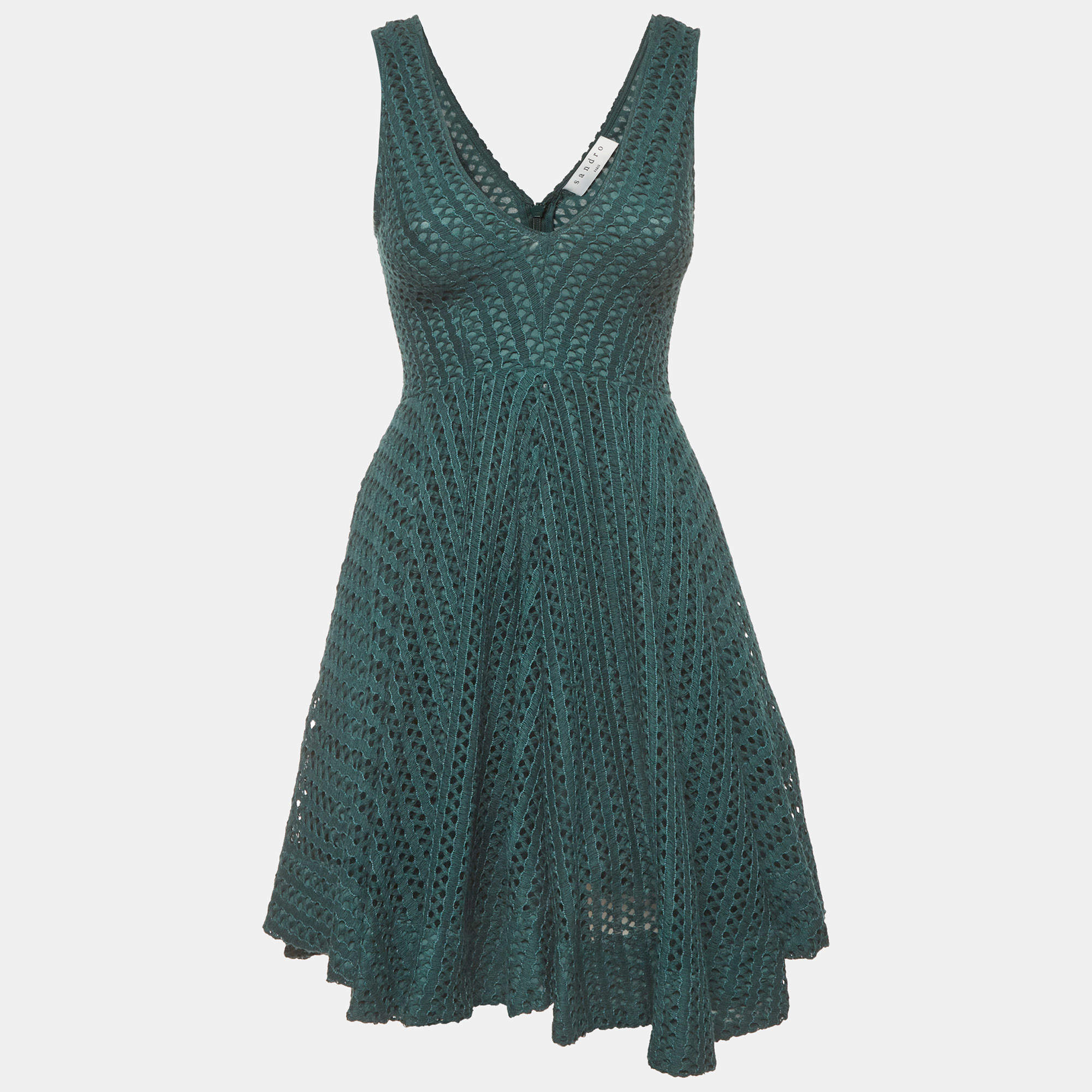 Pre Owned Sandro Green Crochet V-Neck Flared Bliss Mini Dress S