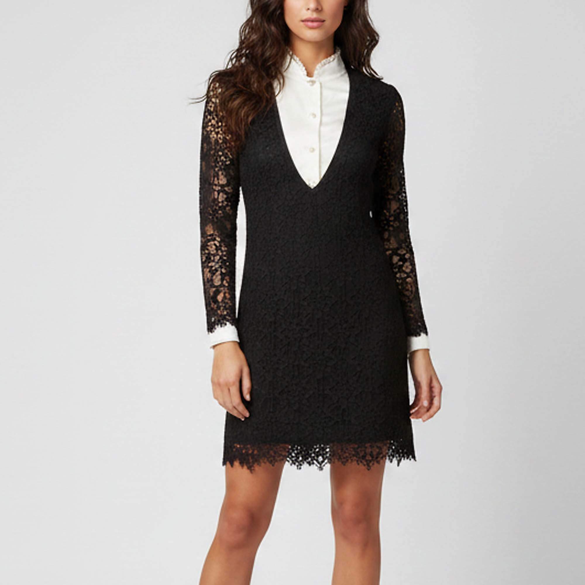 Pre Owned Sandro Black/White Guipure Lace Ruffle Trim Shirt Dress S