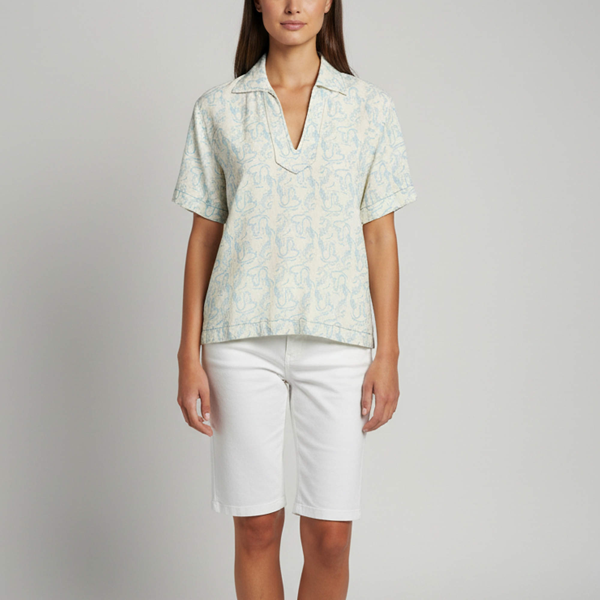 Pre Owned Sandro Crepe Nautica Print Jacquard Short Sleeve Shirt XS 