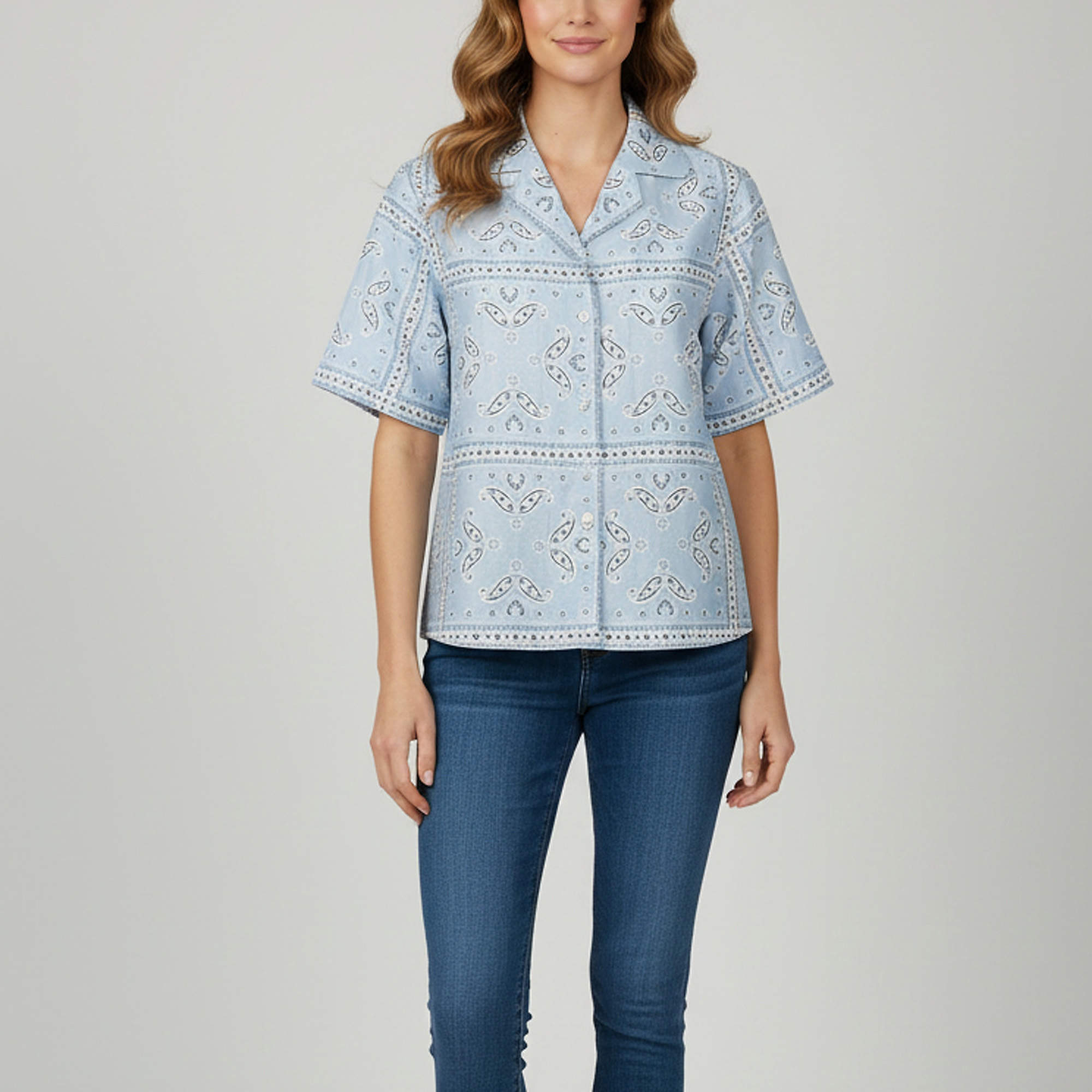 Pre Owned Sandro Blue Printed Linen Blend Short Sleeve Shirt XS 