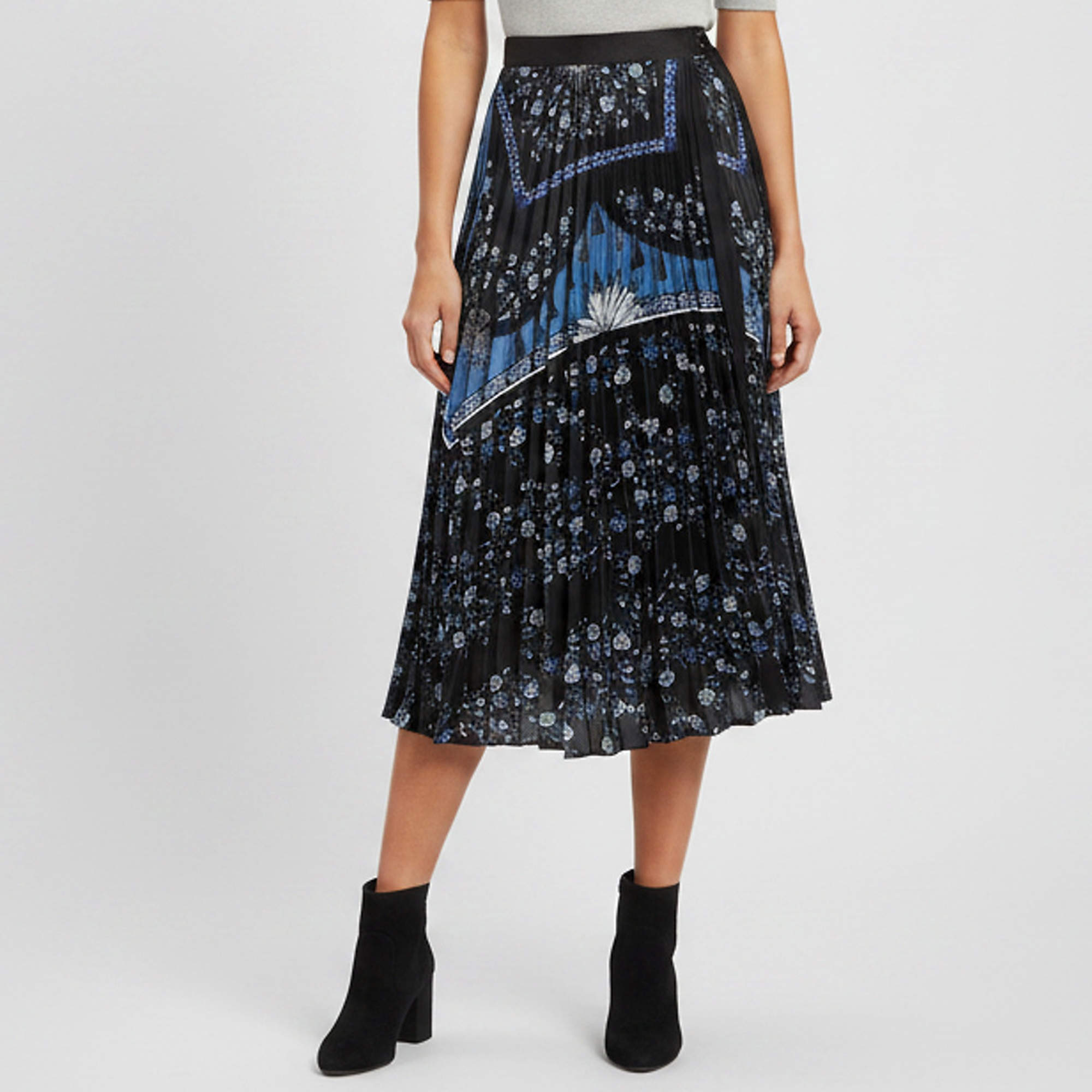 Pre Owned Sandro Black Floral Print Sateen Sunburst Pleats Wrap Midi Skirt S