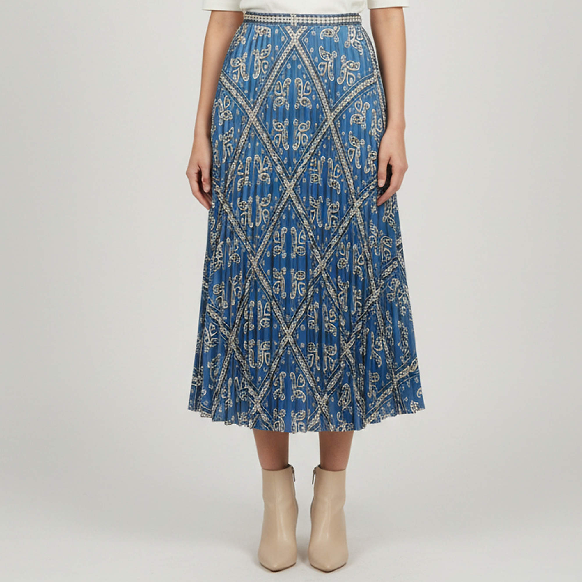 Pre Owned Sandro Blue Paisley Print Sateen Leianne Pleated Midi Skirt S