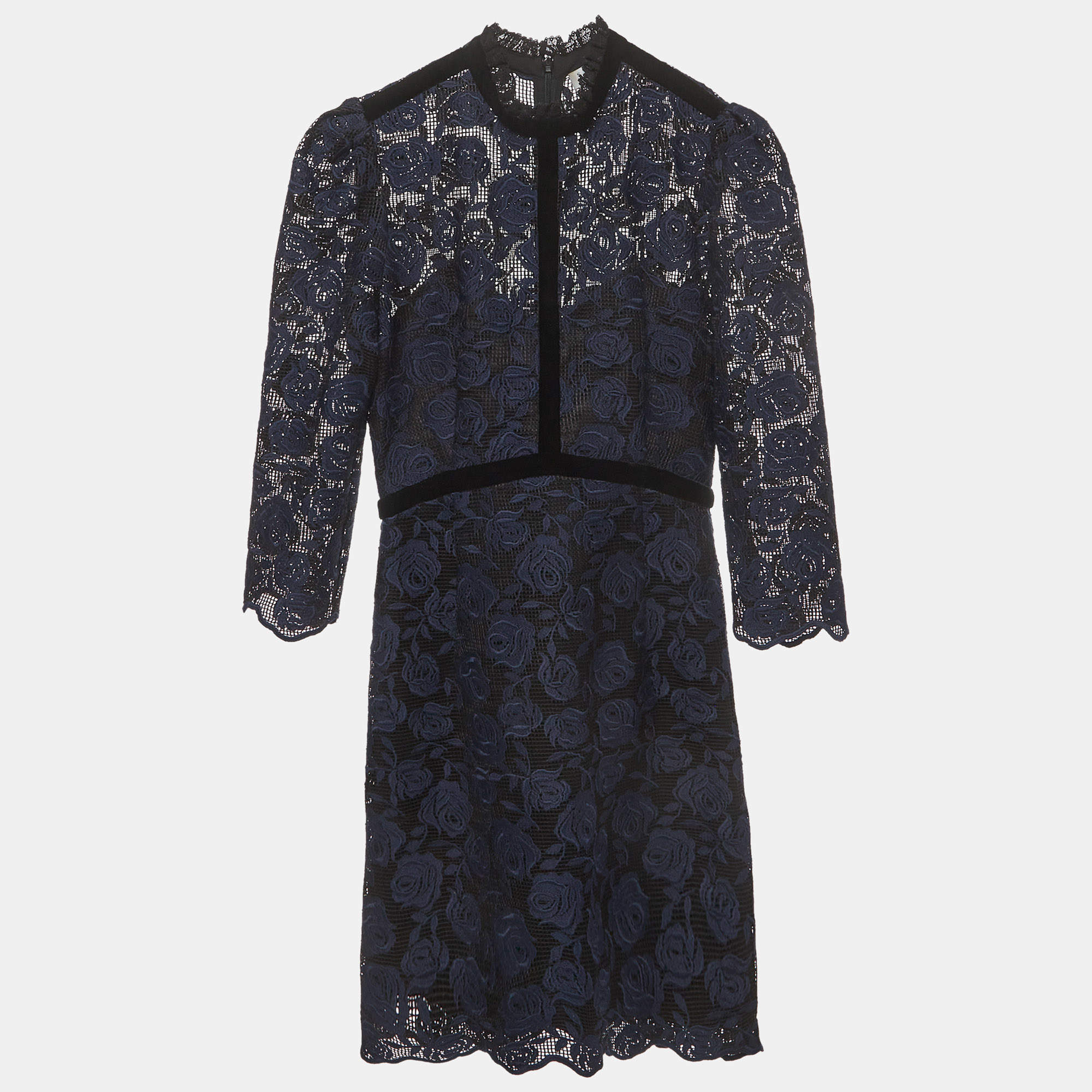 sandro blue lace dress Sandro Navy Blue Rose Embroidered Lace Mock Neck Mini Dress S
