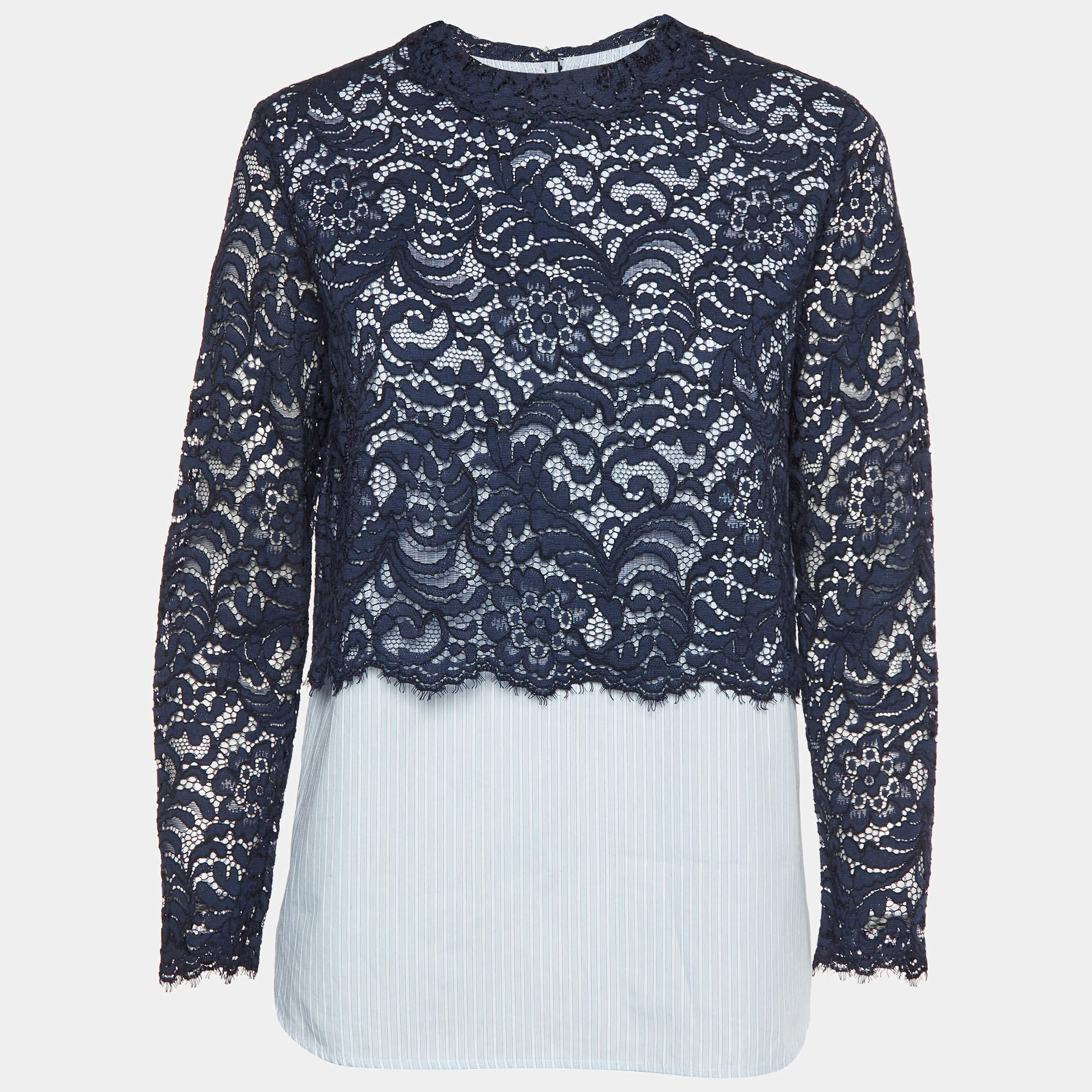 Pre Owned Sandro Blue Pinstripe Cotton and Lace Overlay Long Sleeve Blouse M