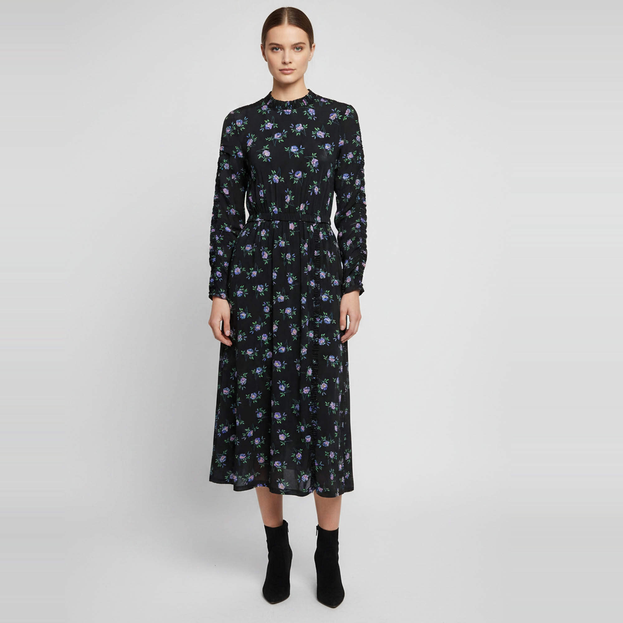 مملوكة مسبقًا Sandro Black Floral Print Jersey Ruffle Mock Neck Midi Dress M 