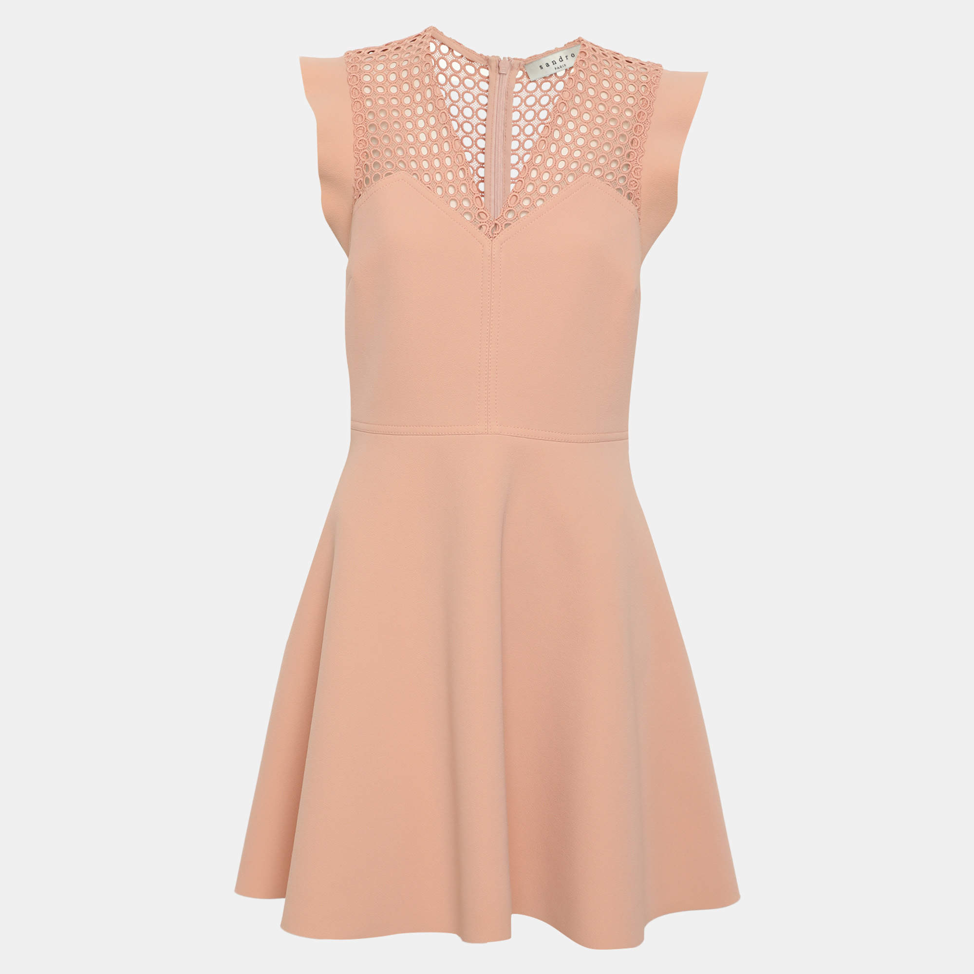 Pre Owned Sandro Peach Textured Neoprene and Lace Rebel Knee Length Dress S