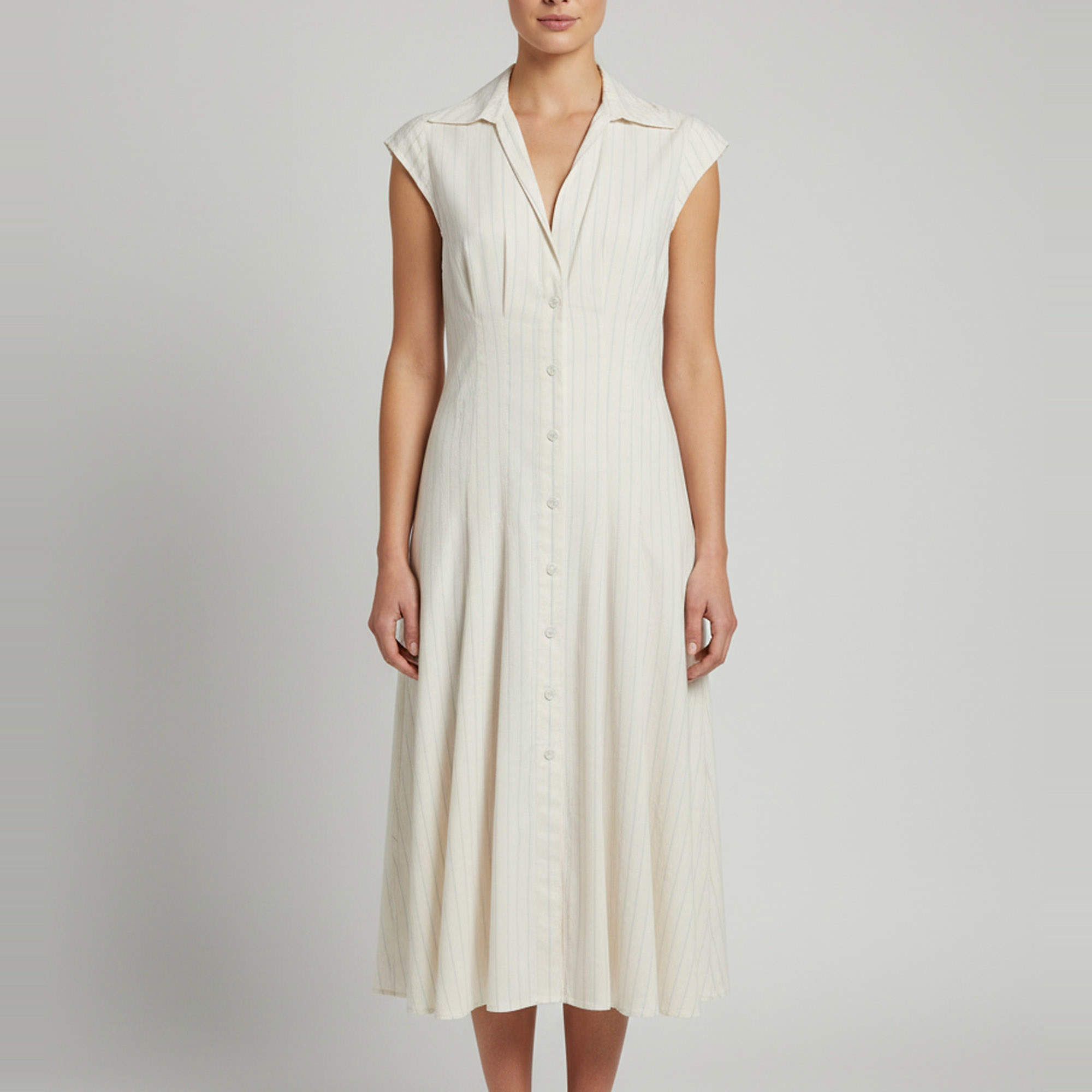Pre Owned Sandro Cream Pinstriped Linen Blend Cape Sleeve Midi Dress M