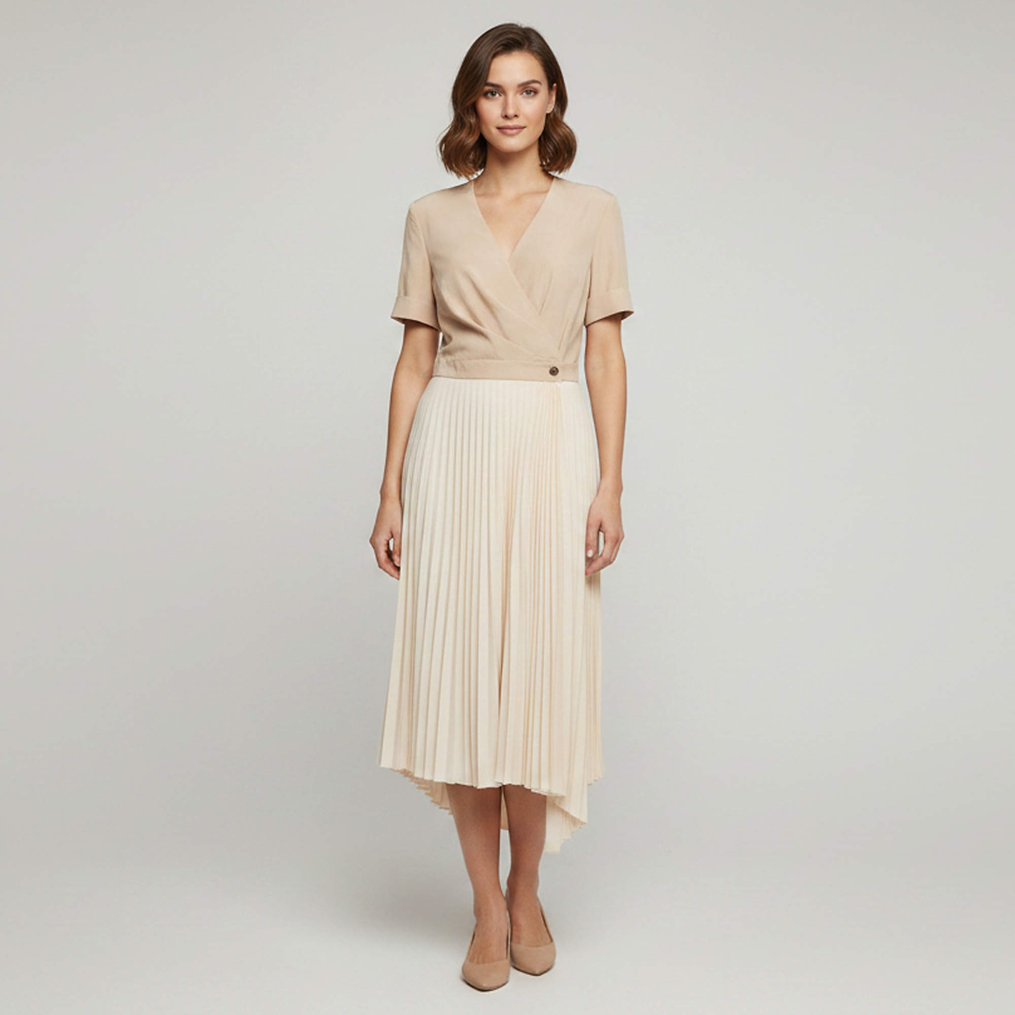 Pre Owned Sandro Beige Plisse Short Sleeve Midi Dress L