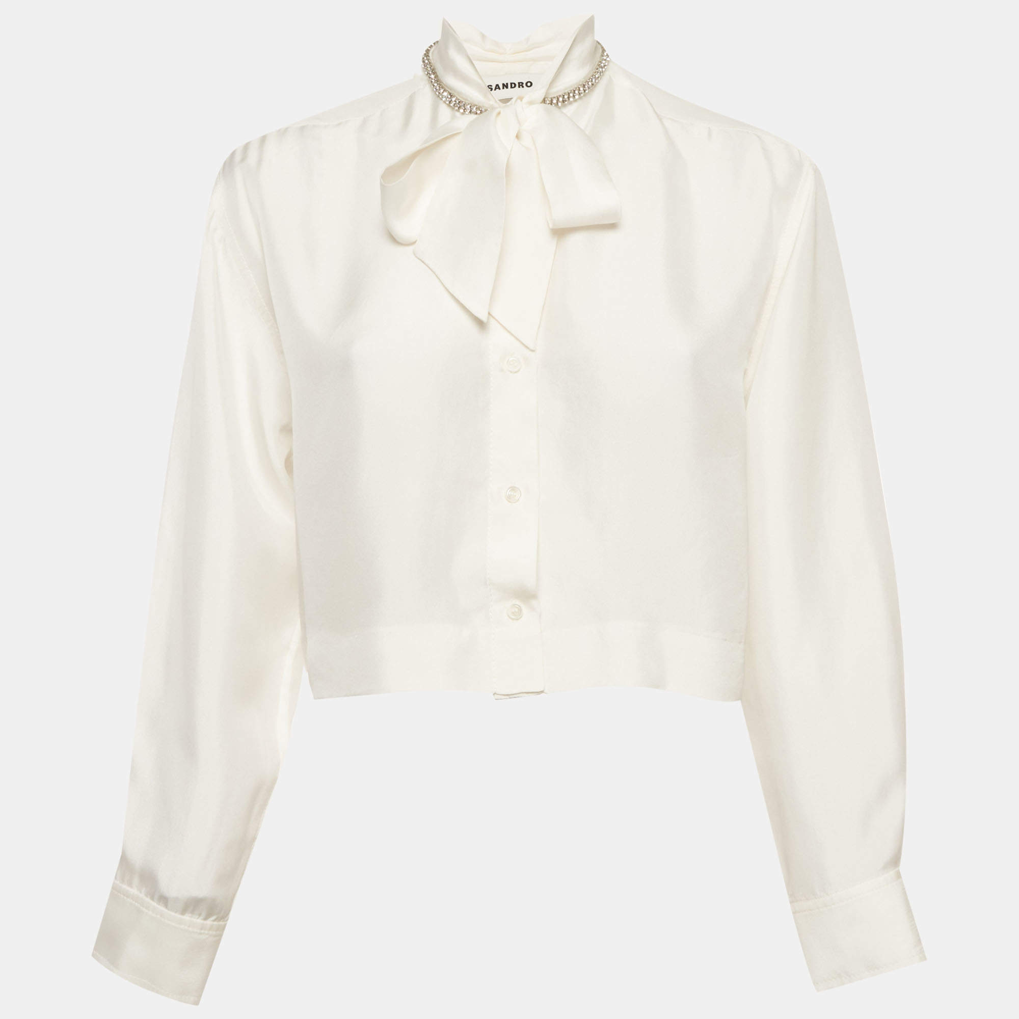 Pre Owned Sandro White Silk Embellished Long Sleeve Top XS