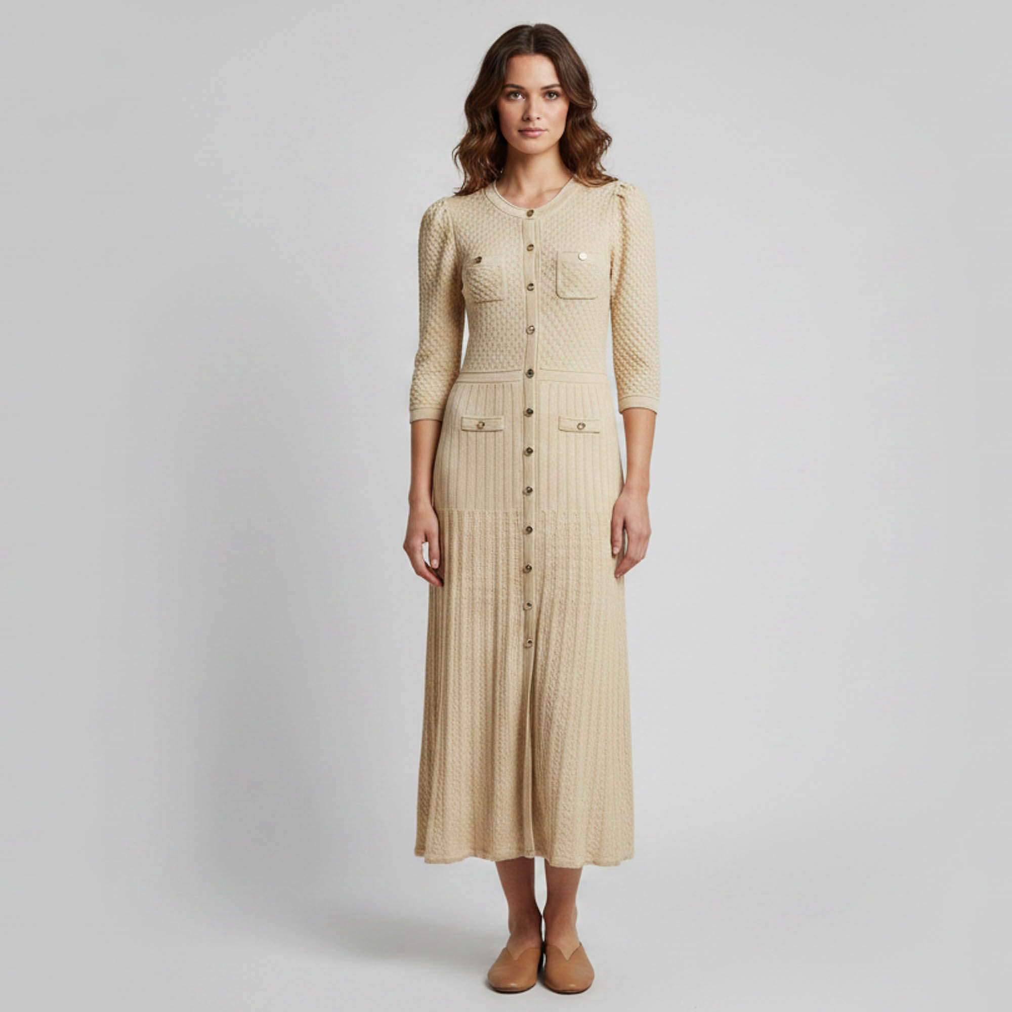 Pre Owned Sandro Beige Pointelle Lurex Knit Ramia Midi Dress M