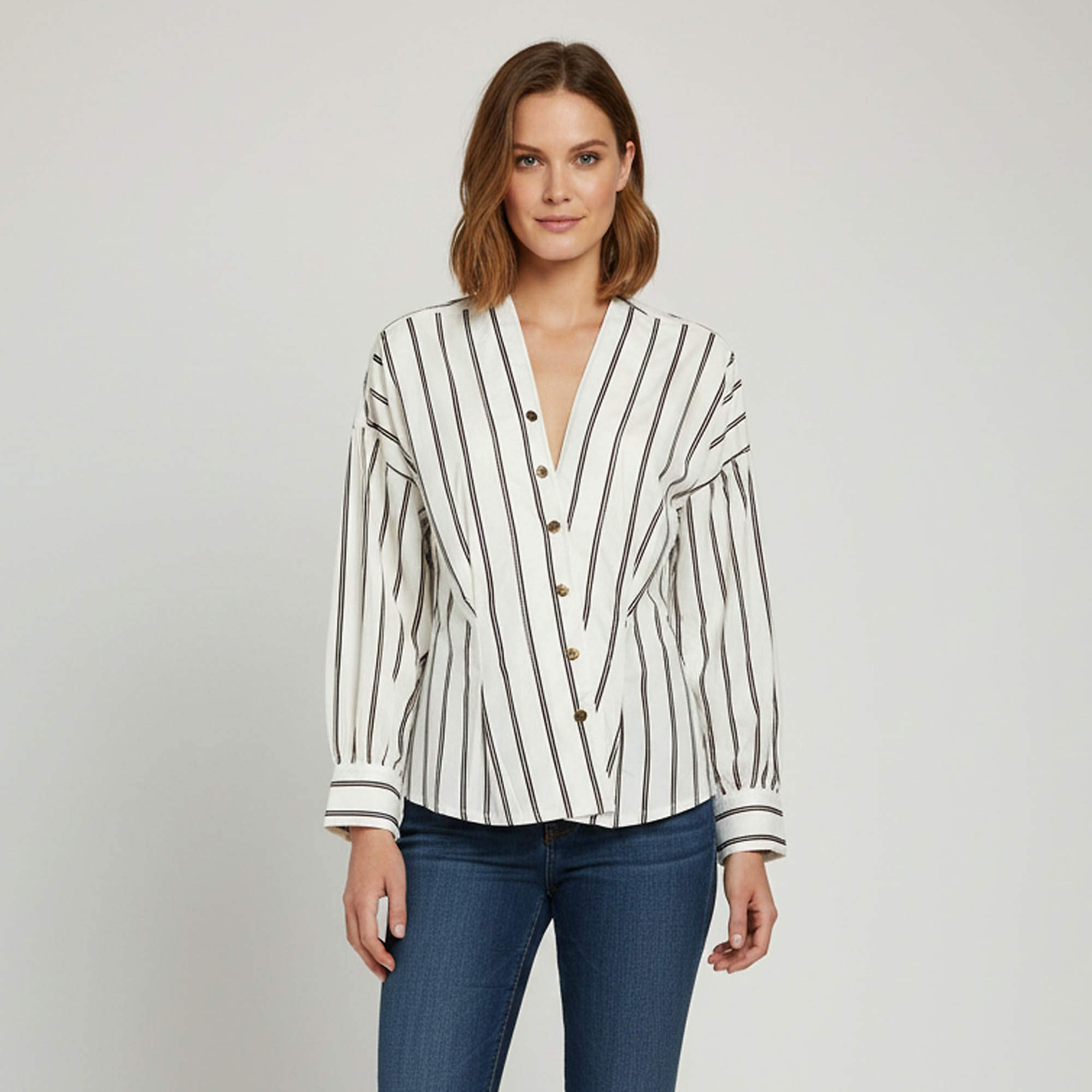 Pre Owned Sandro White Stripped Cotton V-Neck Naelle Top S