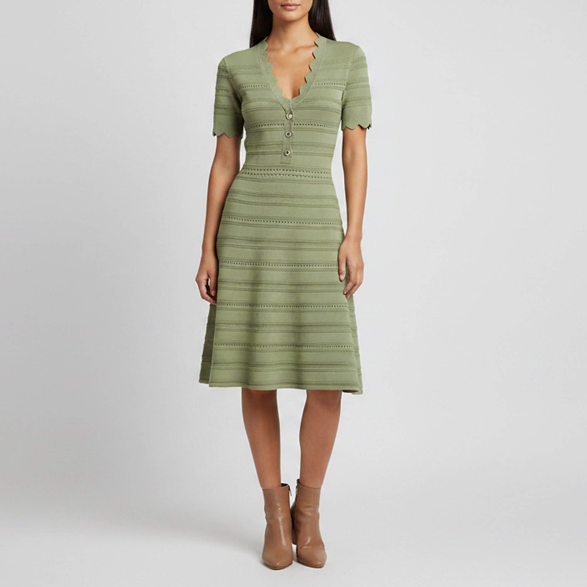 Pre Owned Sandro Green Knit Short Sleeve Flared Midi Dress S