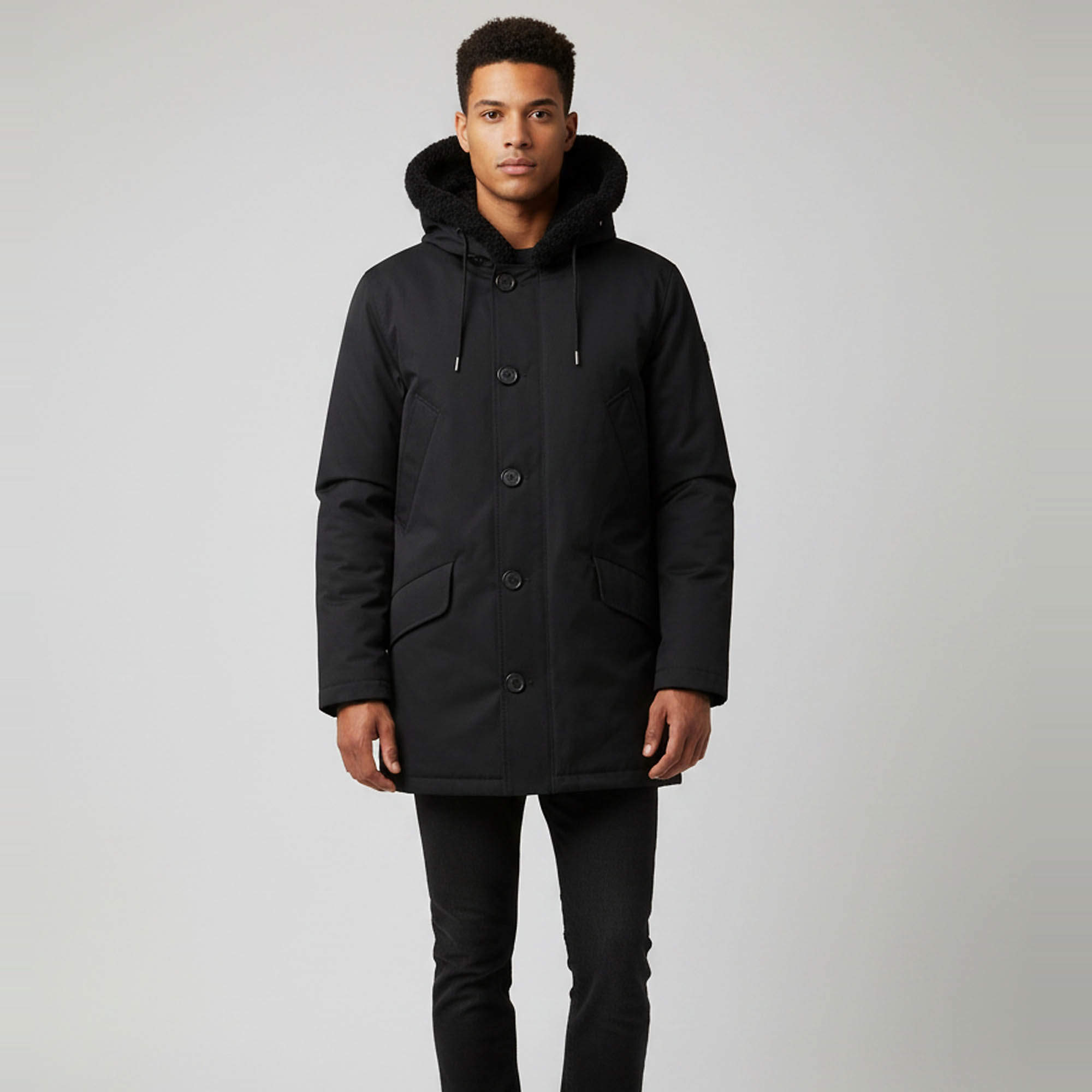 Pre Owned Sandro Black Gabardine Zip Up Shearling Hoodie XL