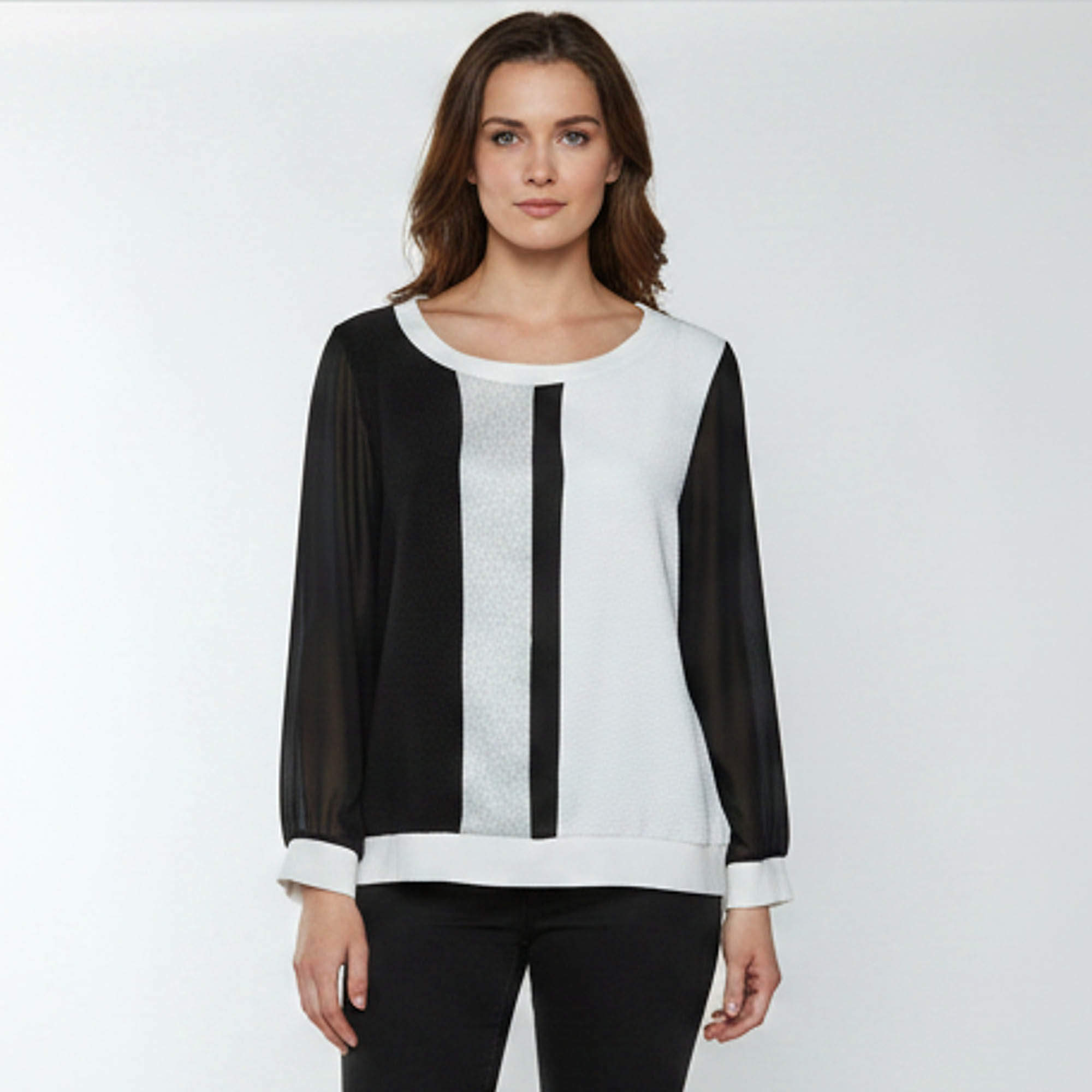 Pre Owned Sandro Monochrome Textured Crepe Paneled Long Sleeve Blouse L