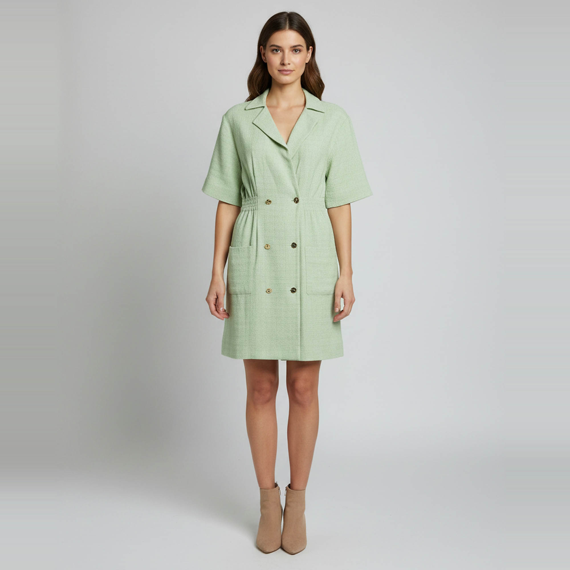 Pre Owned Sandro Light Green Tweed Double Breasted Alize Shirtdress L