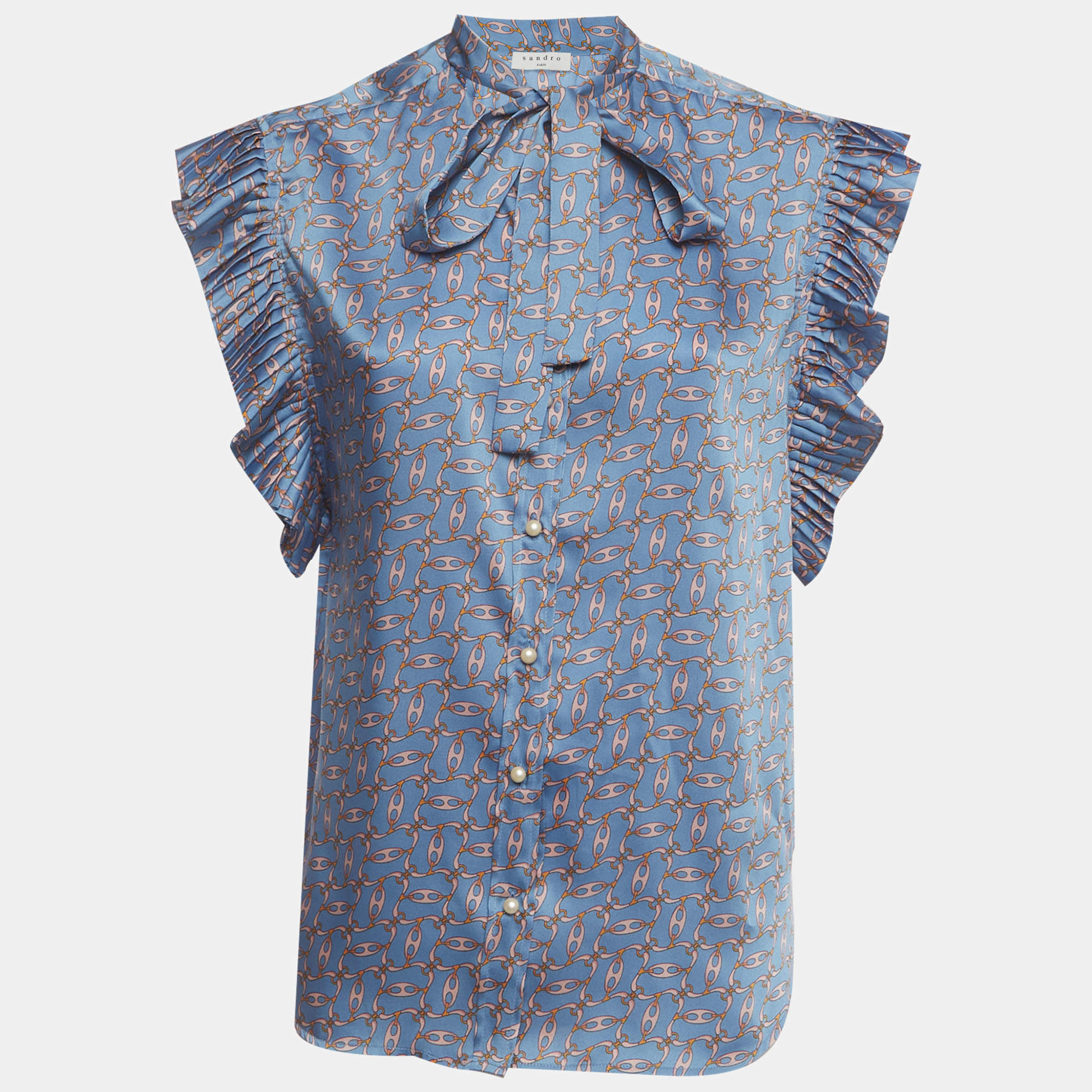 Pre Owned Sandro Blue Link Print Satin Plissé Trim Neck-Tie Blouse S