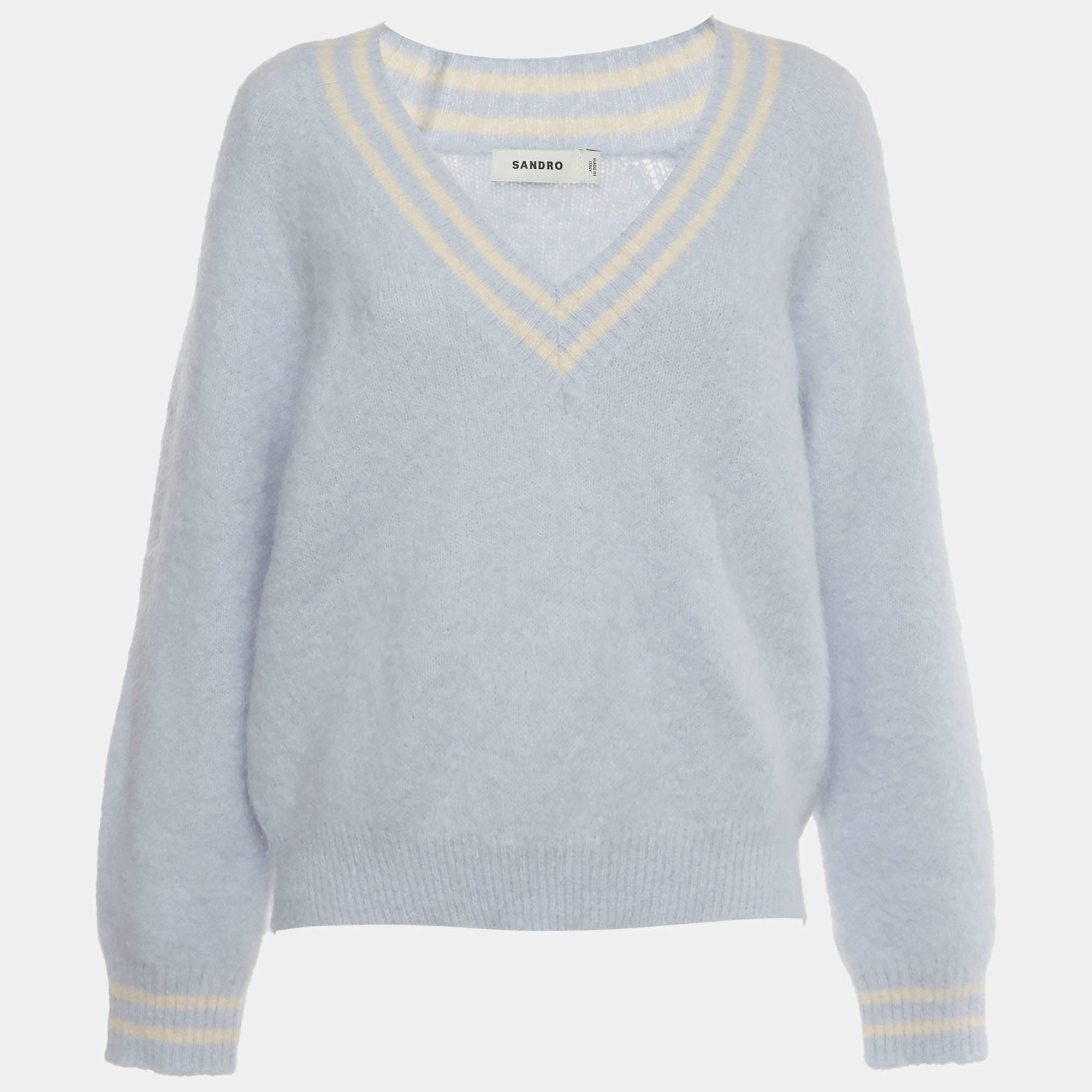 Pre Owned Sandro Blue Striped Mohair Blend Knit V-Neck Cleo Sweater L