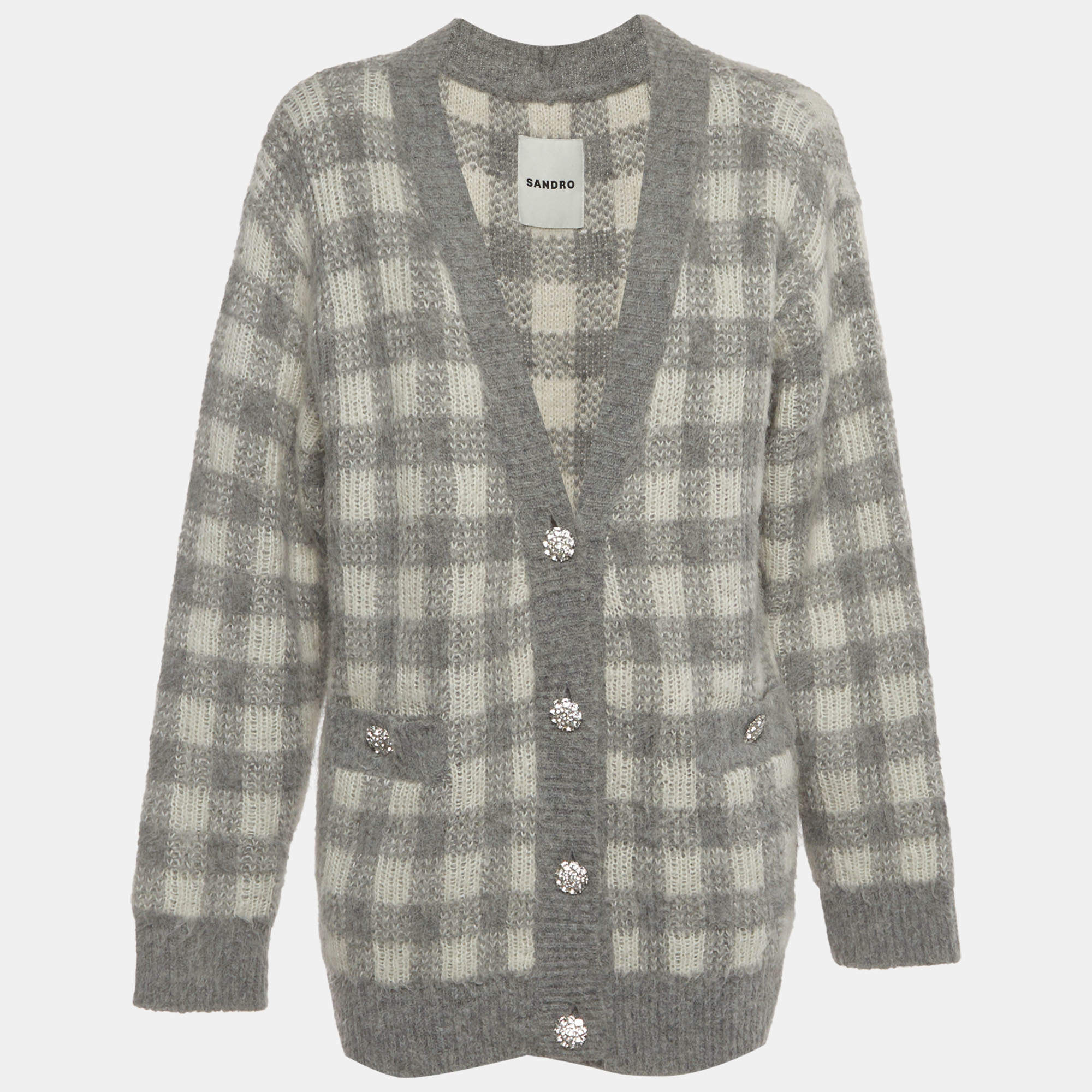 Pre Owned Sandro Grey Check Jacquard Fuzzy Knit Wool V-Neck Ontario Cardigan M