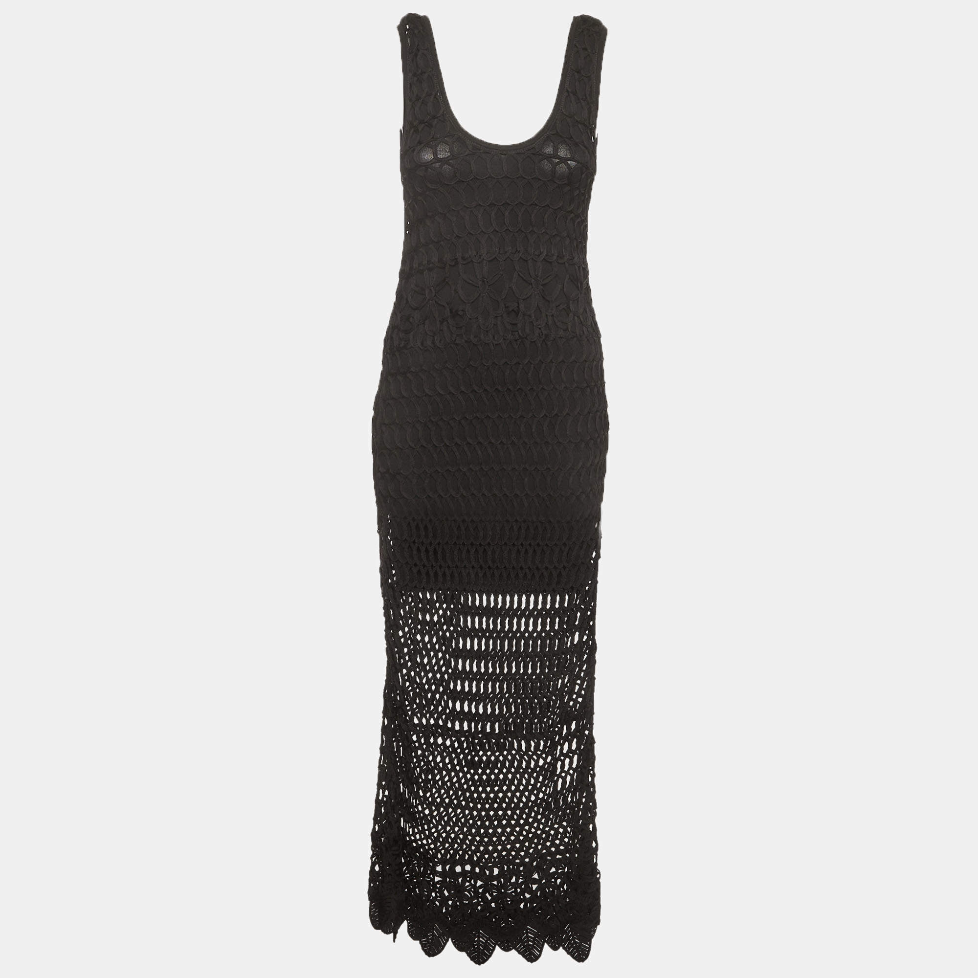 Pre Owned Sandro Black Open Crochet Knit Scoop Neck Regina Maxi Dress S