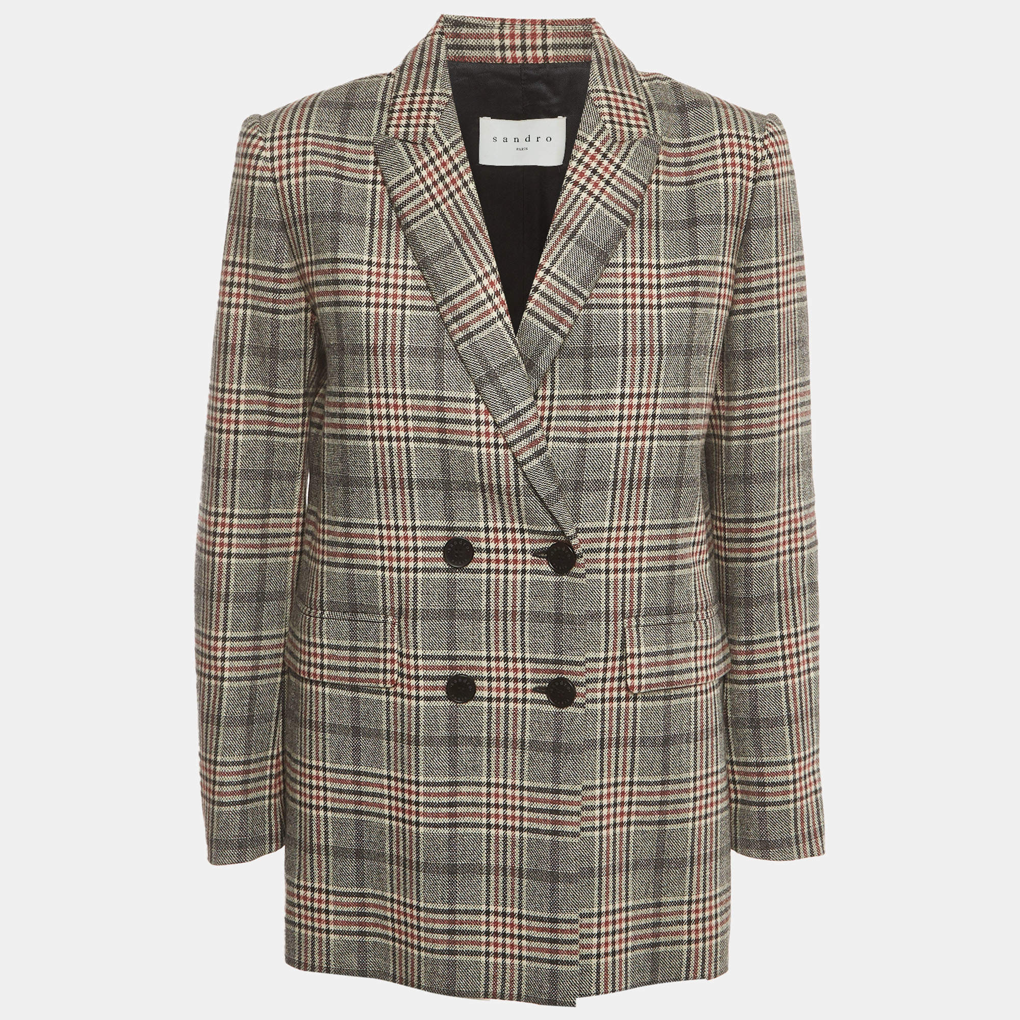 Pre Owned Sandro Grey Plaid Wool Blend Double Breasted Lauryn Blazer M