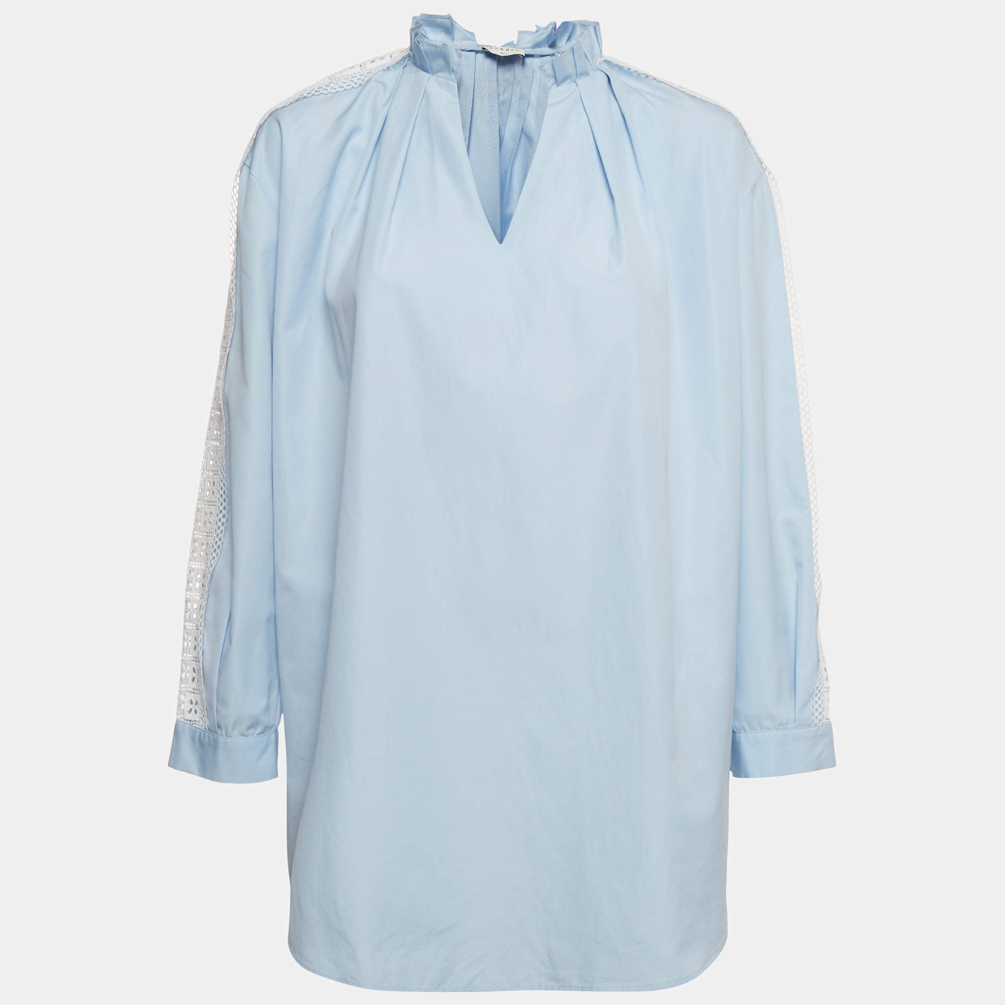 Pre Owned Sandro Blue Cotton Lace Trim Ruffle Detail Blouse L 