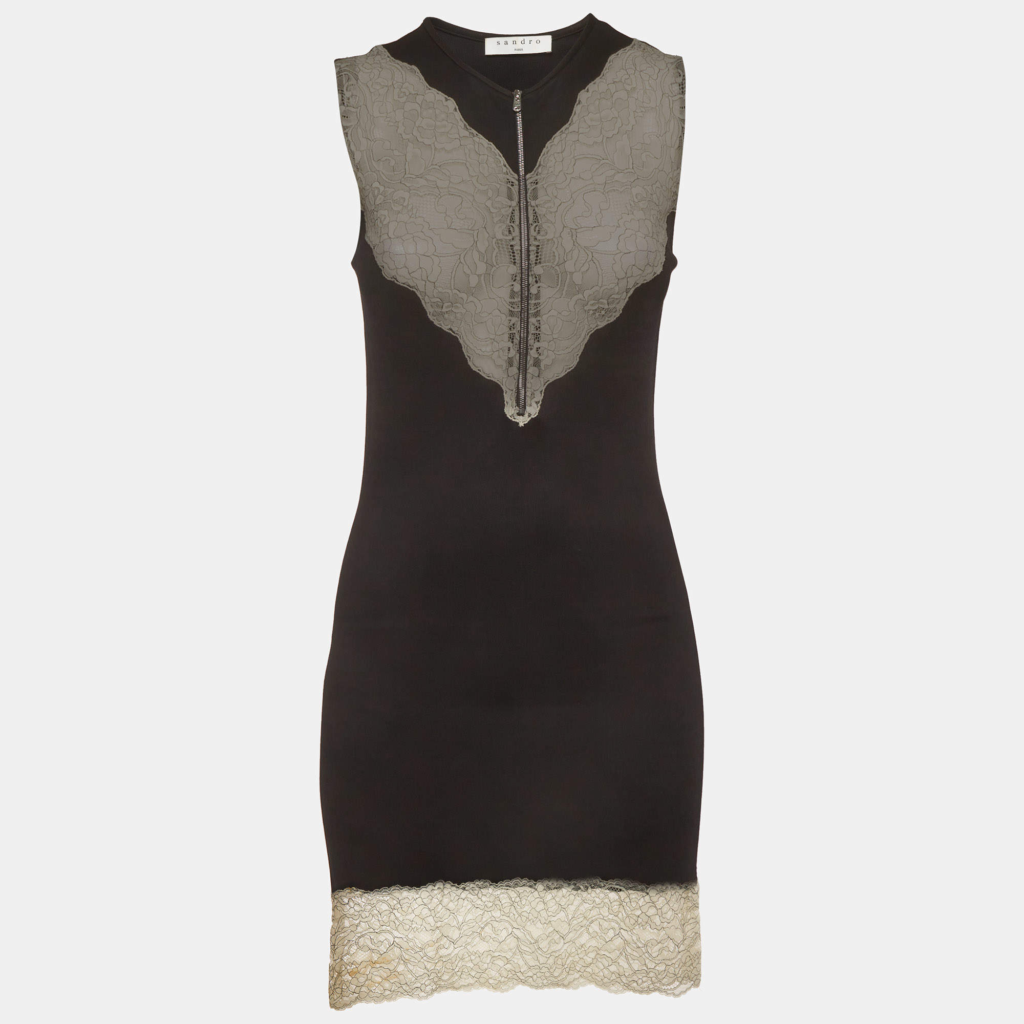 Pre Owned Sandro Black Knit and Lace Detail Trim Sleeveless Midi Dress S