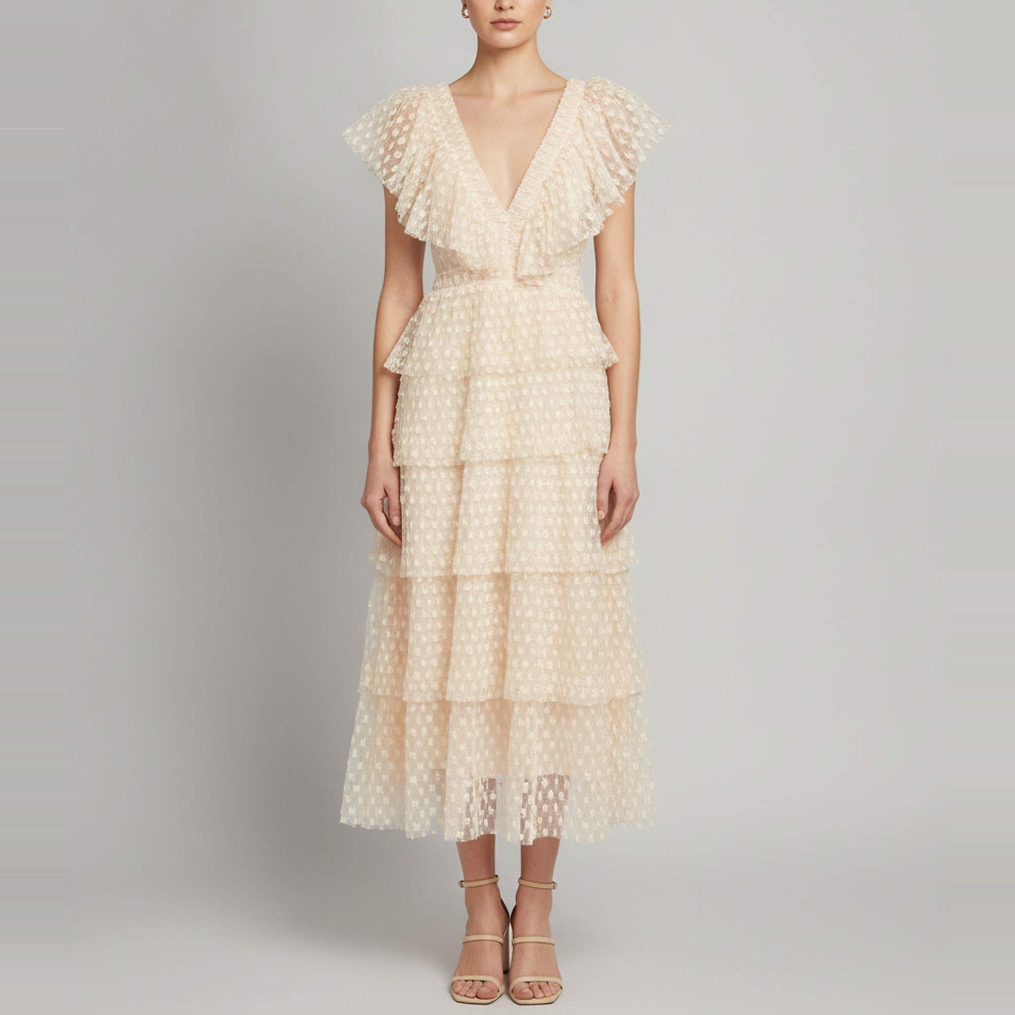 Pre Owned Sandro Cream Plissé Tulle Tiered Bianca Midi Dress XS