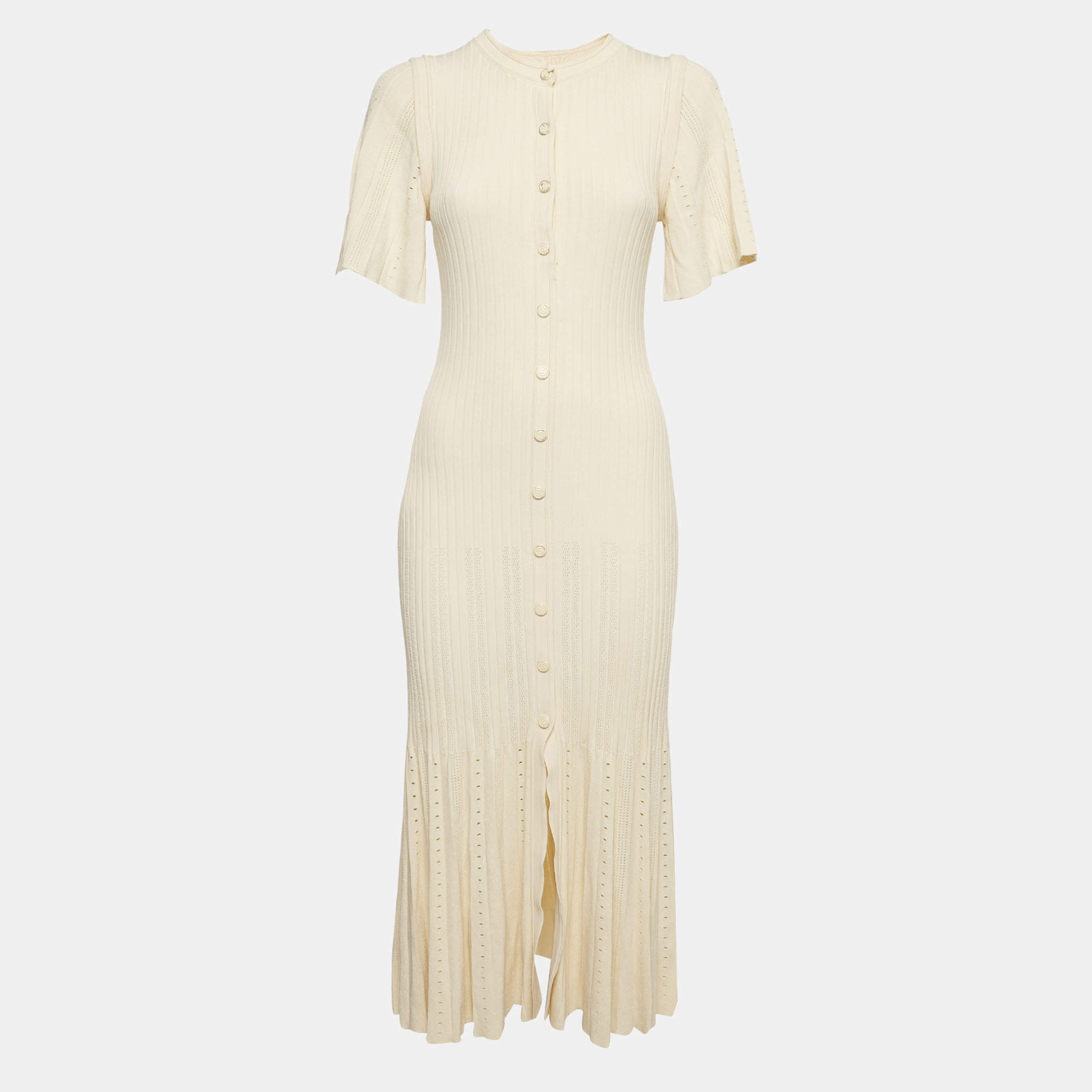 Pre Owned Sandro Cream Pointelle Rib Knit Short Sleeve Dress M 