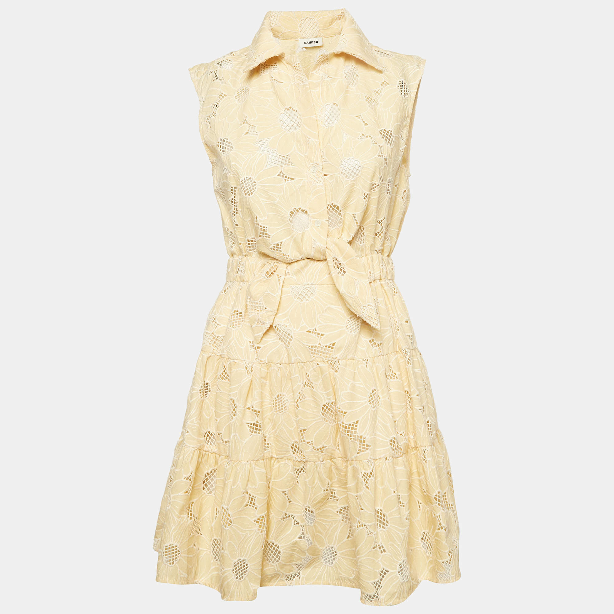 Pre Owned Sandro Yellow Floral Embroidered Cotton Front Tie Mini Dress S