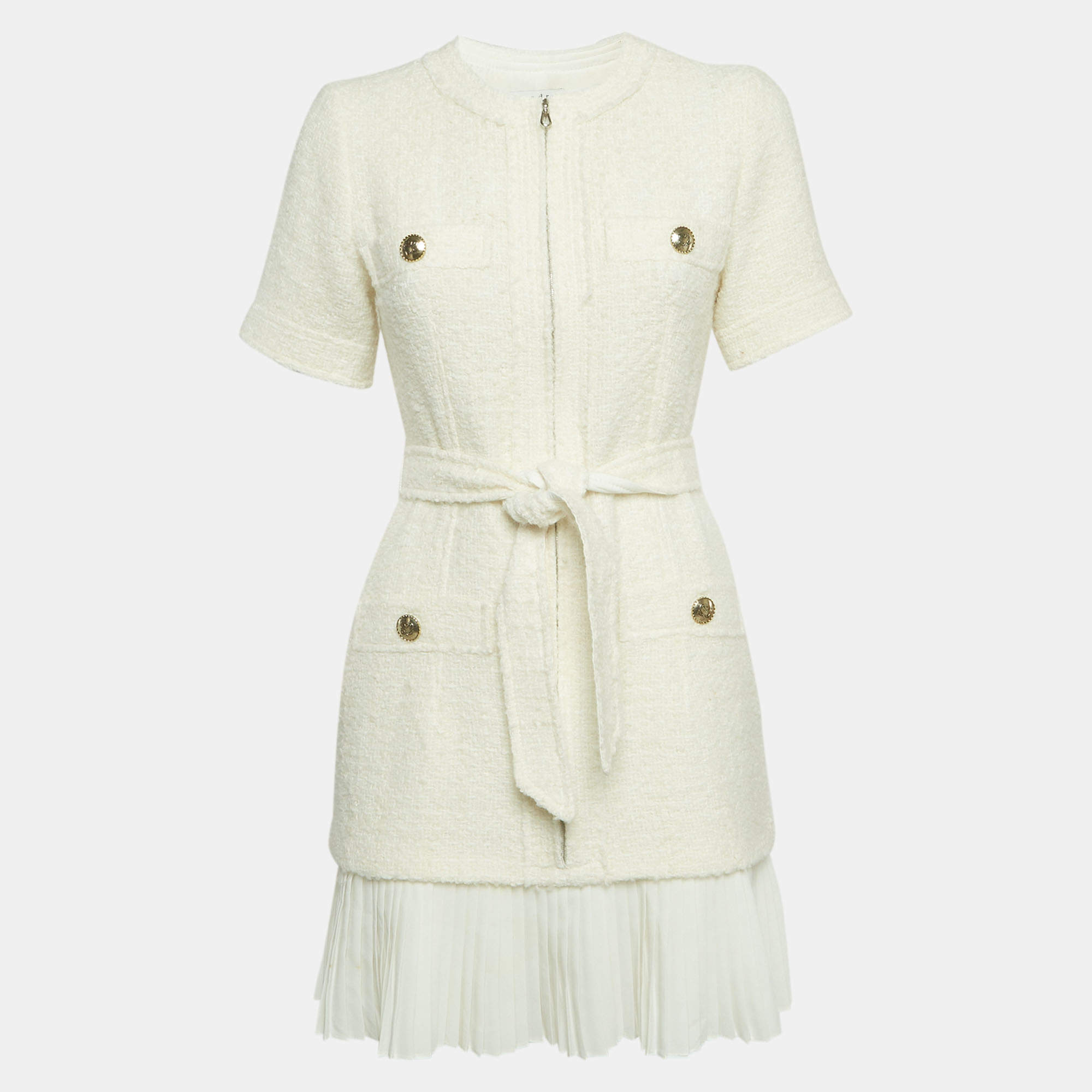 Pre Owned Sandro White Tweed-Effect Woolen Mini Coat Dress S