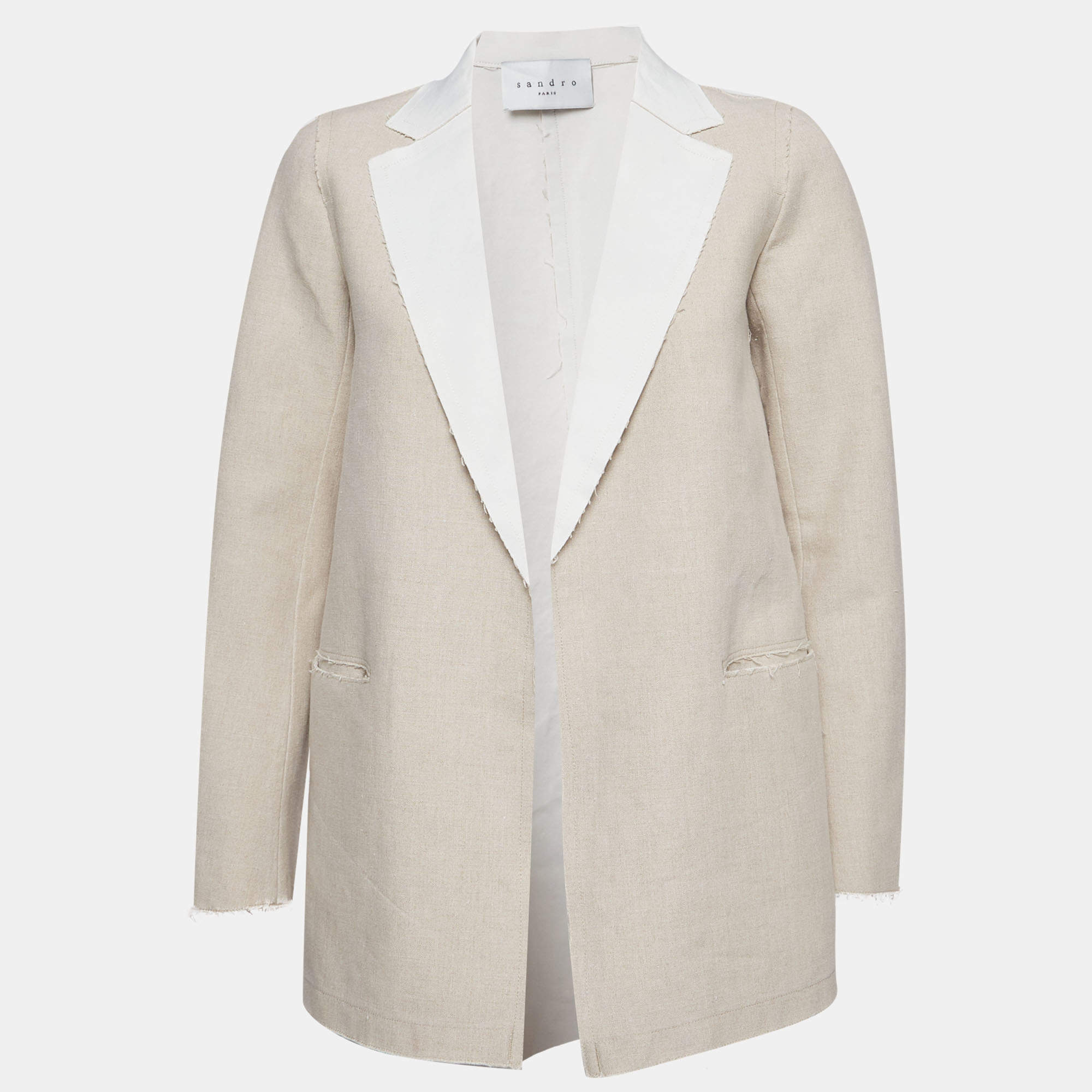 Pre Owned Sandro Beige Raw Edge Linen Blend Open Front Blazer S
