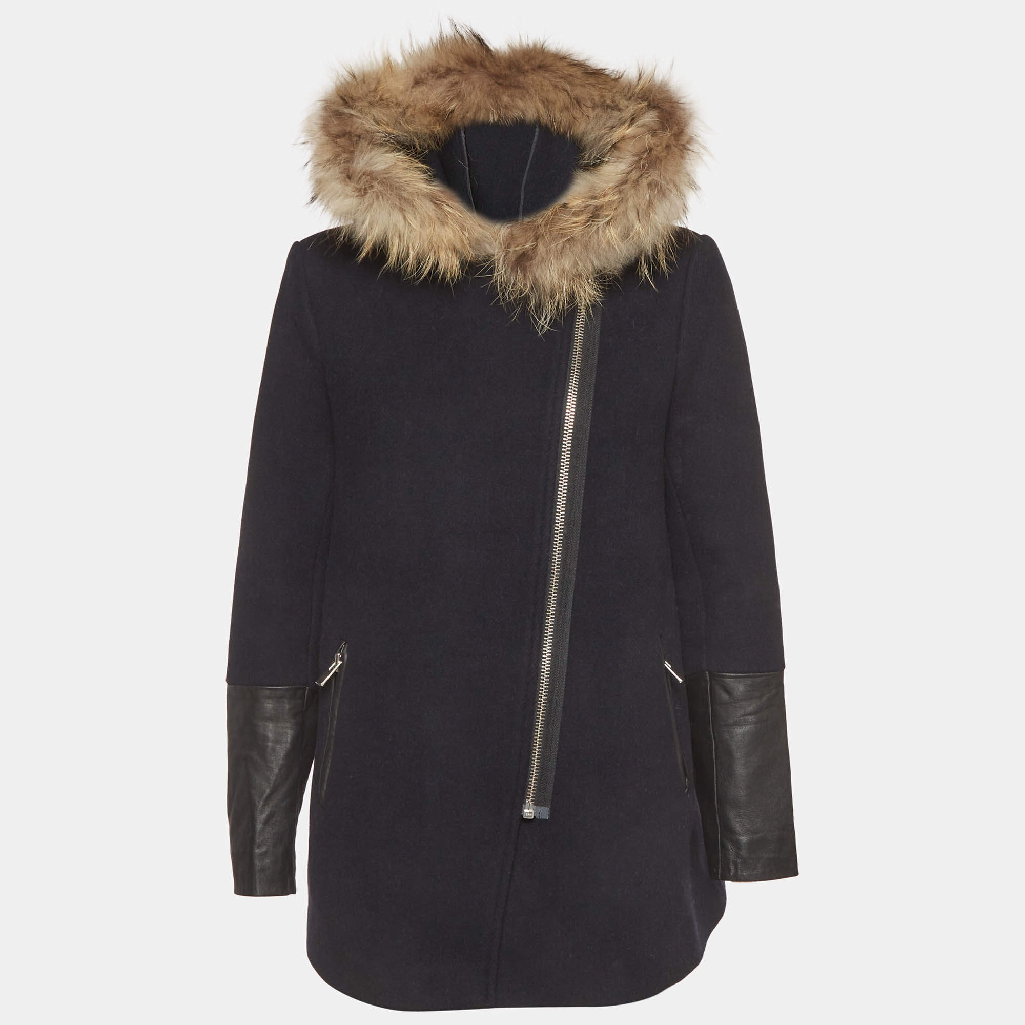 Pre Owned Sandro Navy Blue Felt Fur Trim Asymmetric Zipped Coat L