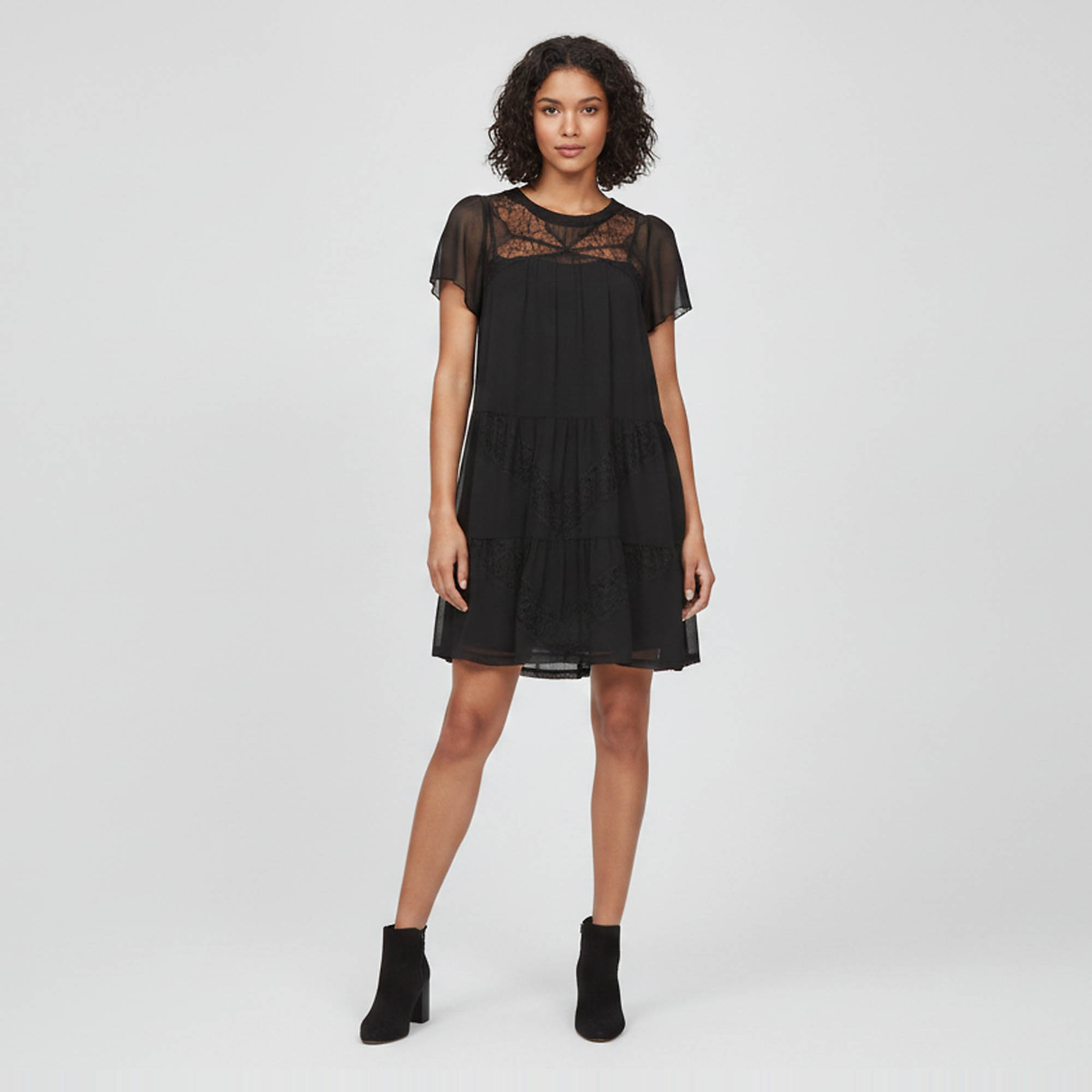 Pre Owned Sandro Black Crepe Lace Detail Round Neck Mini Dress S 