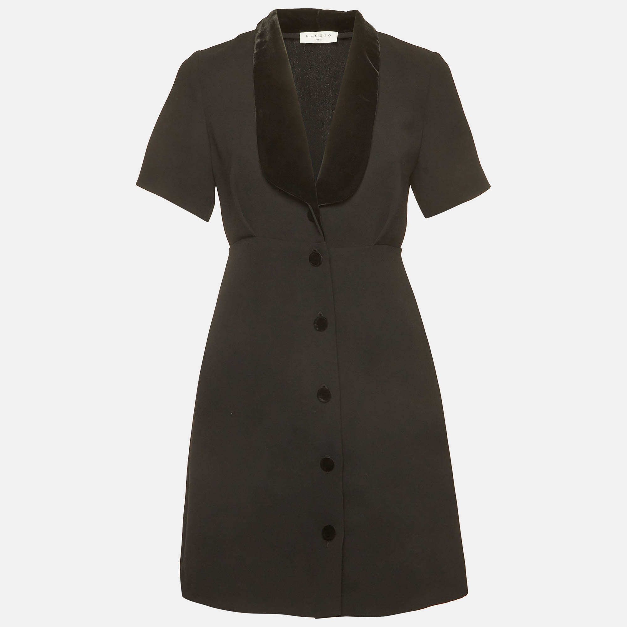 مملوكة مسبقًا Sandro Black Crepe Velvet Trim Shawl Collar Helena Mini Dress S