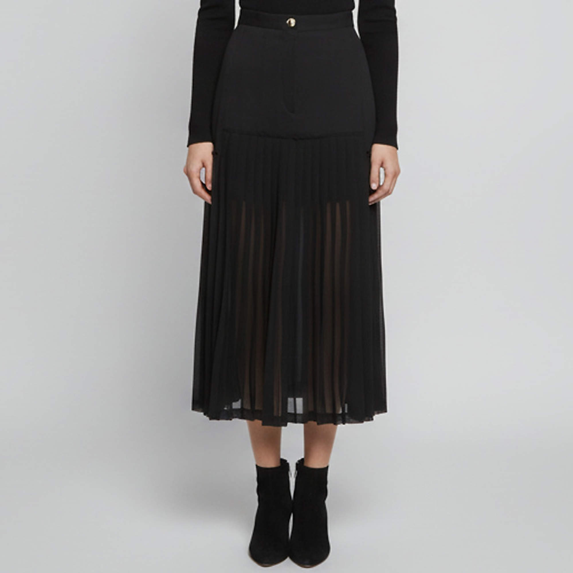 Pre Owned Sandro Black Gabardine and Chiffon Pleated Midi Skirt S