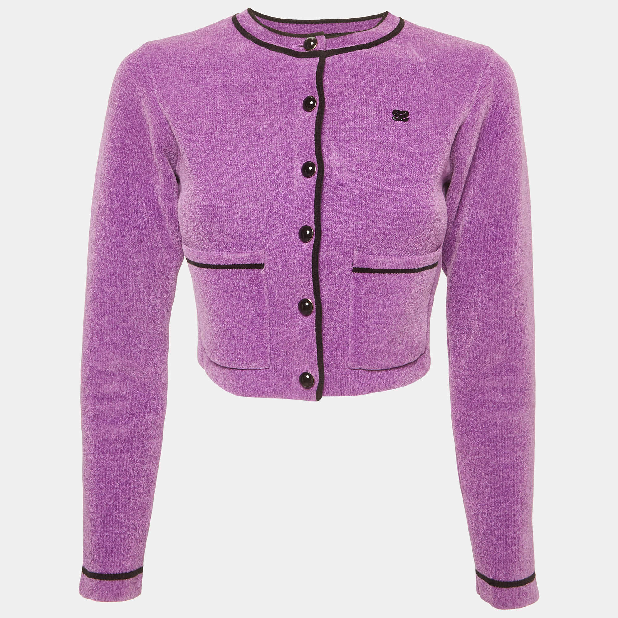 مملوكة مسبقًا Sandro Purple Stretch Velvet Button Front Cropped Coatigan XS