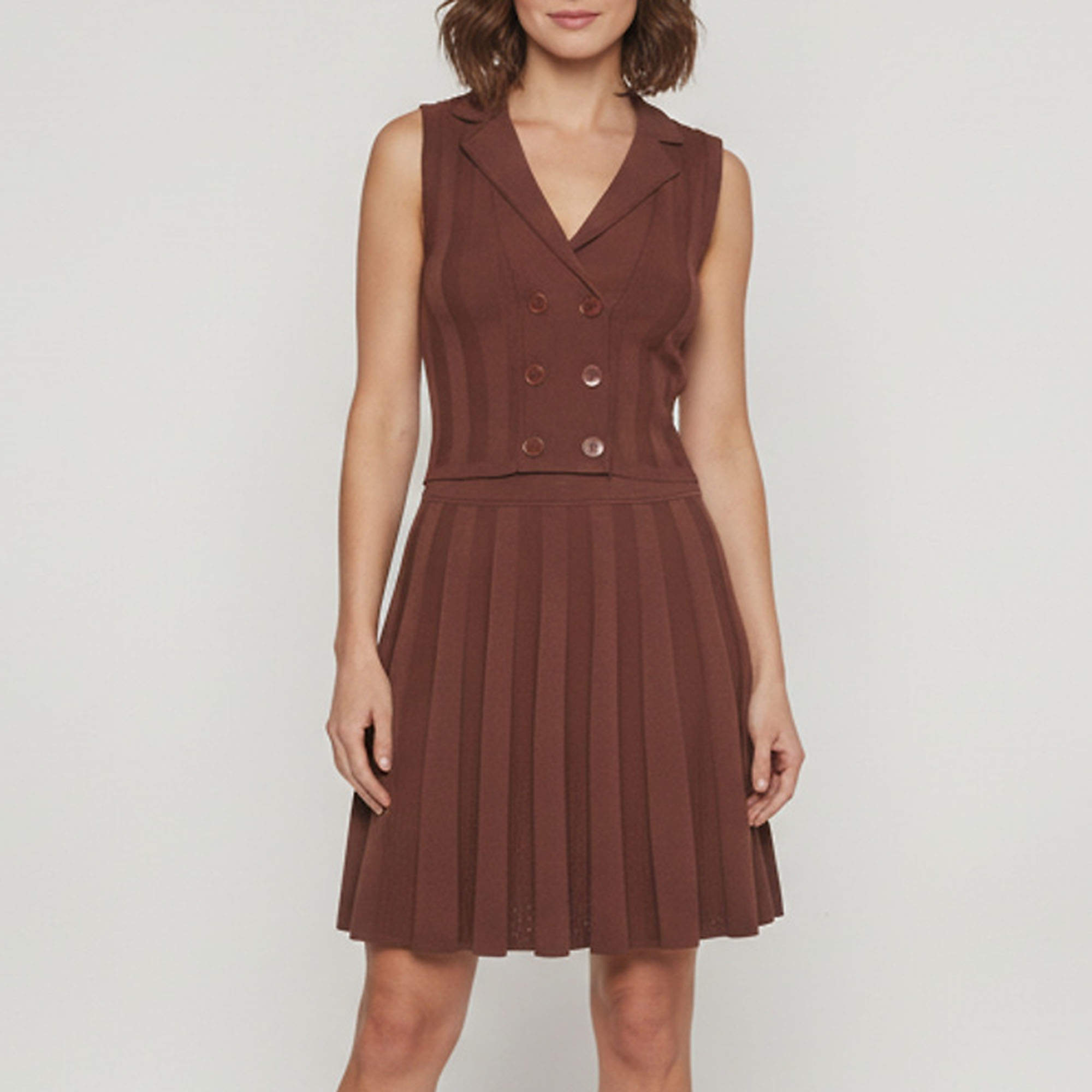 Pre Owned Sandro Brown Rib Knit Sleeveless Vest and Flared Skirt Set
