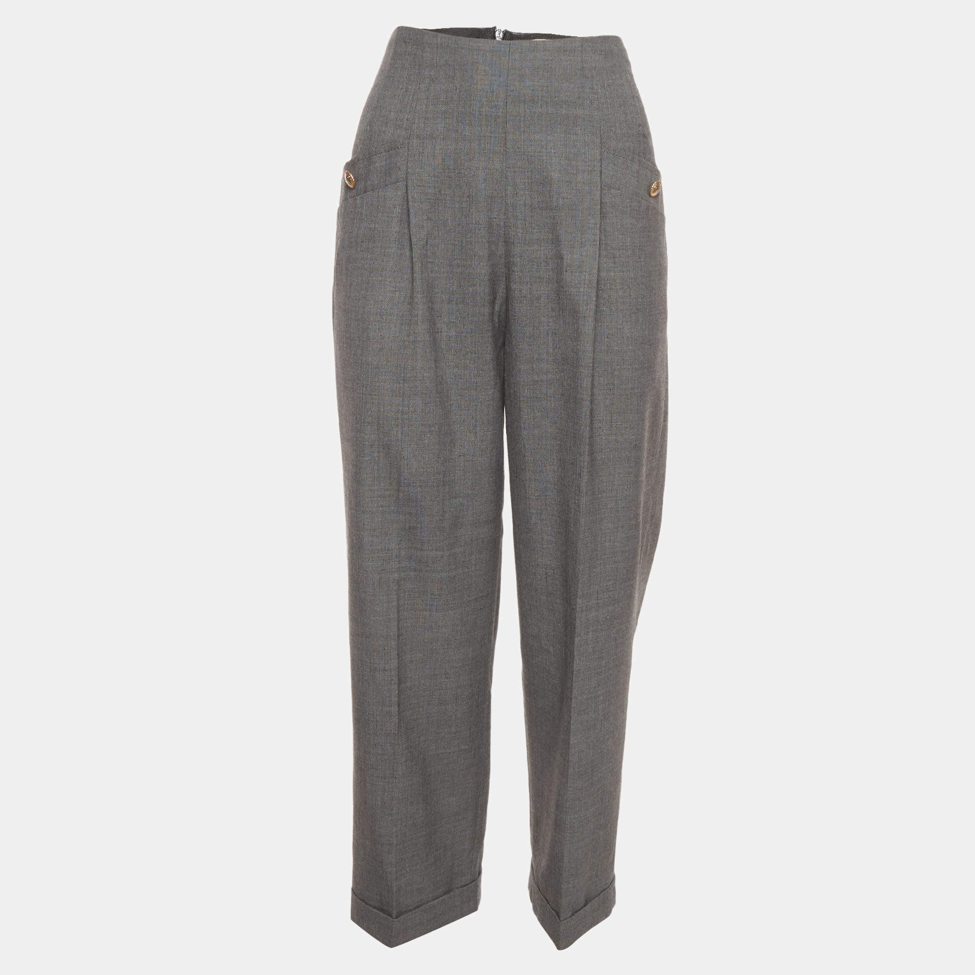 Pre Owned Sandro Grey Wool Blend High Waisted Trousers M