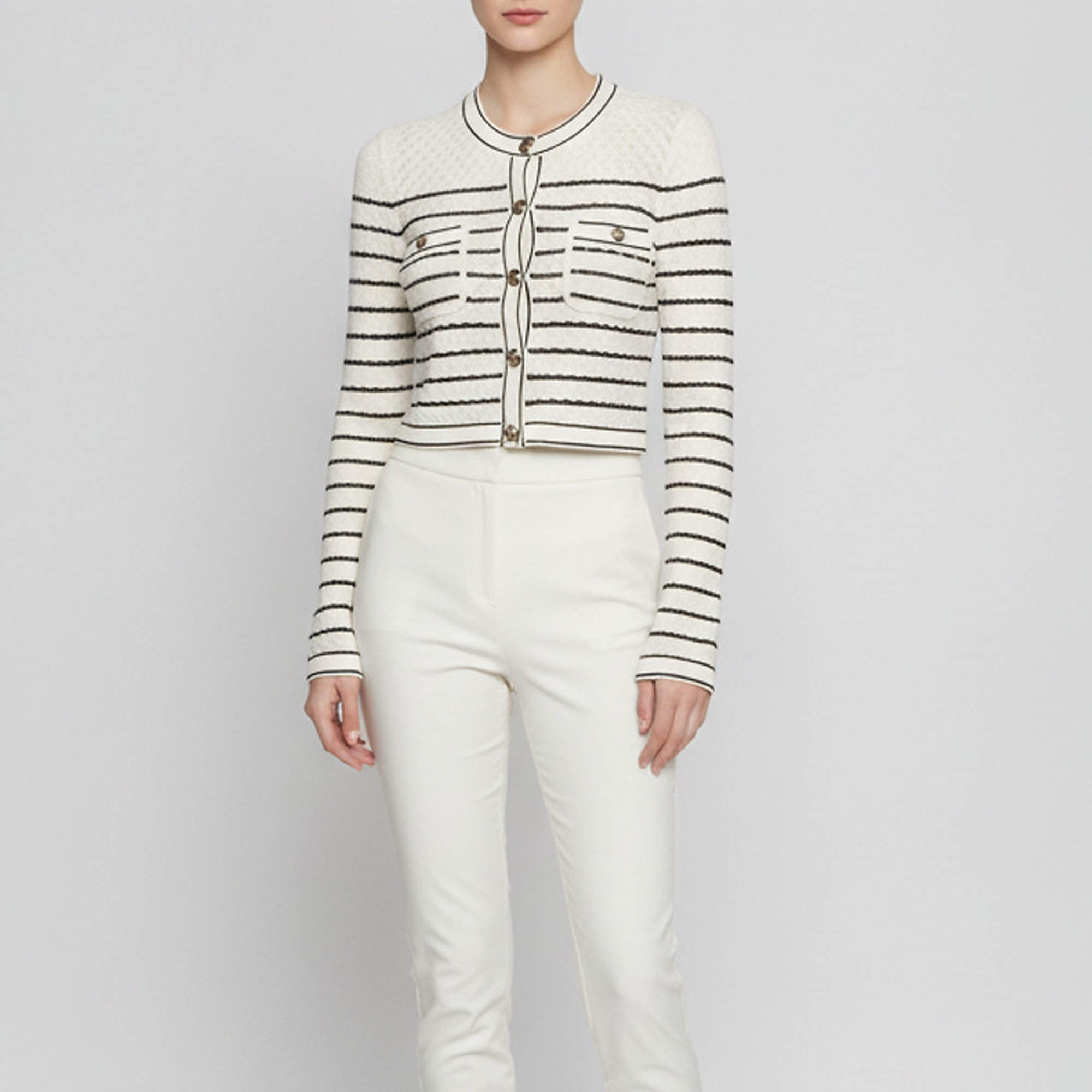 مملوكة مسبقًا Sandro White/Black Stripe Crochet Cropped Cardigan S