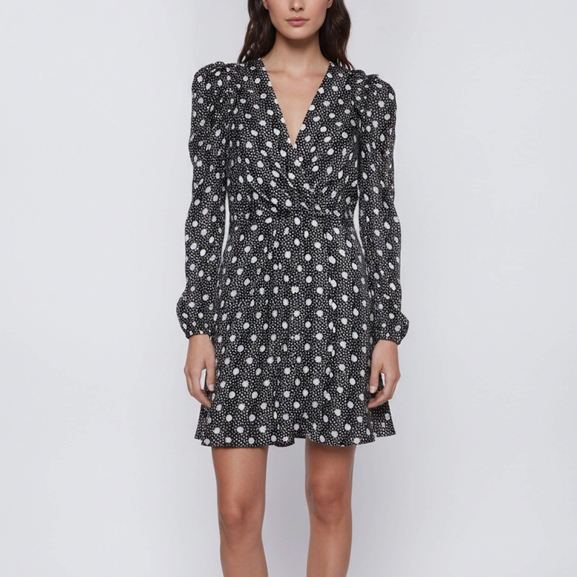 مملوكة مسبقًا Sandro Black Polka Dots Print Satin Ruffled Mini Dress L