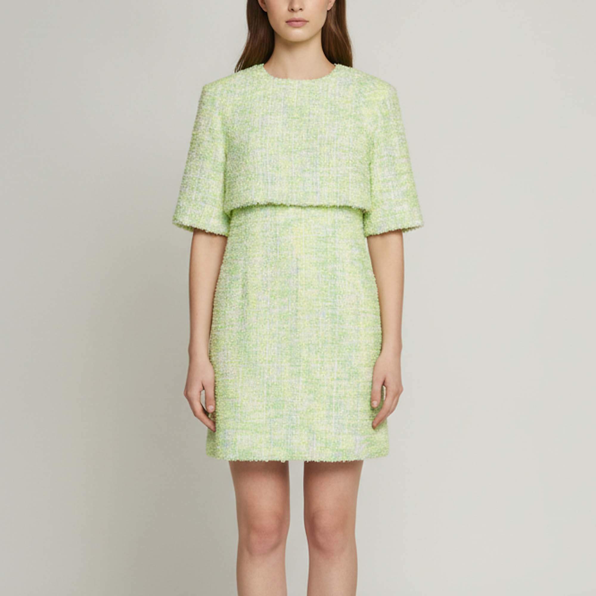 Pre Owned Sandro Bright Green Tweed Layered Short Sleeve Mini Dress L